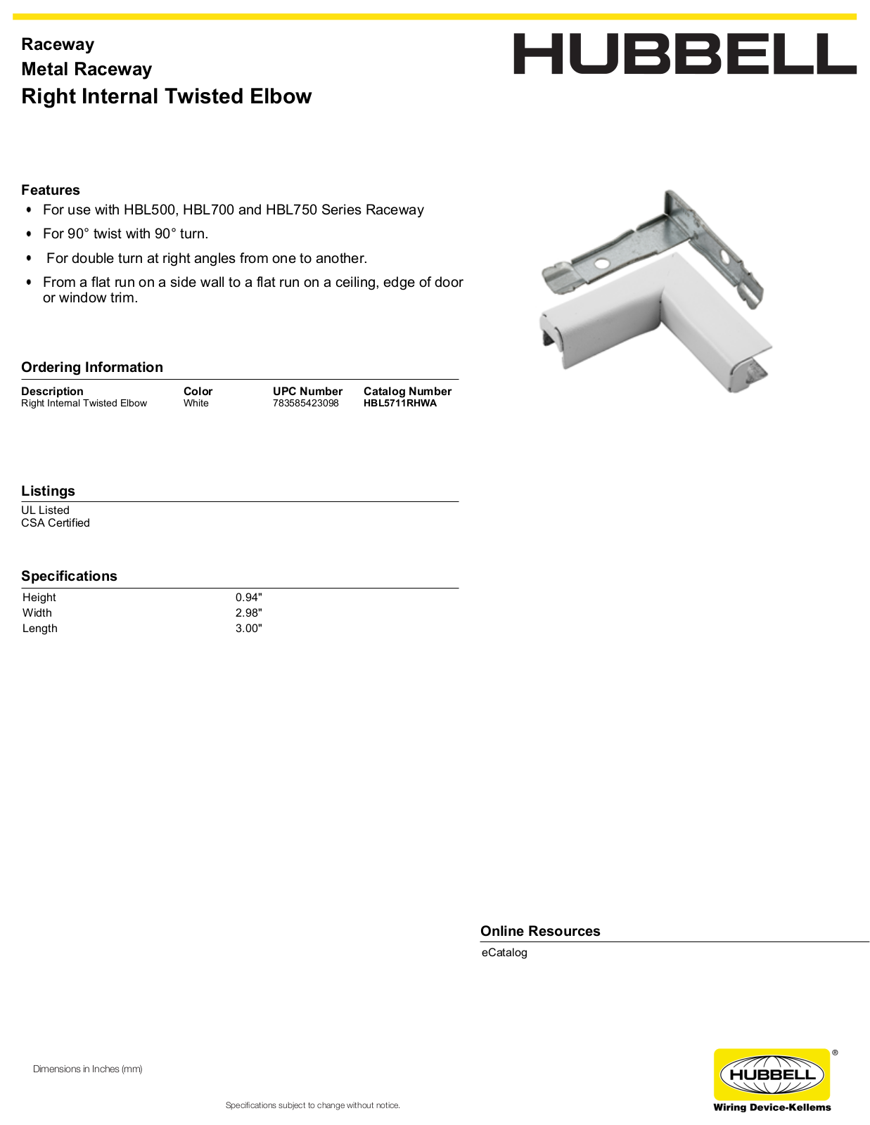 Hubbell HBL5711RHWA Specifications