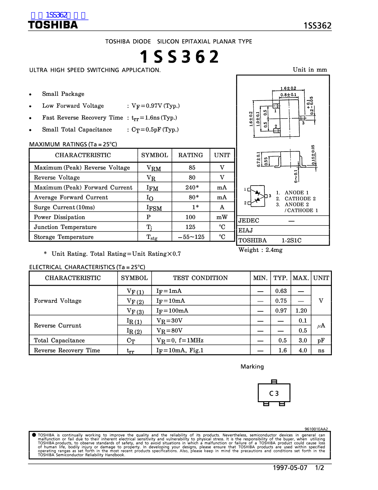 TOSHIBA 1SS362 Technical data