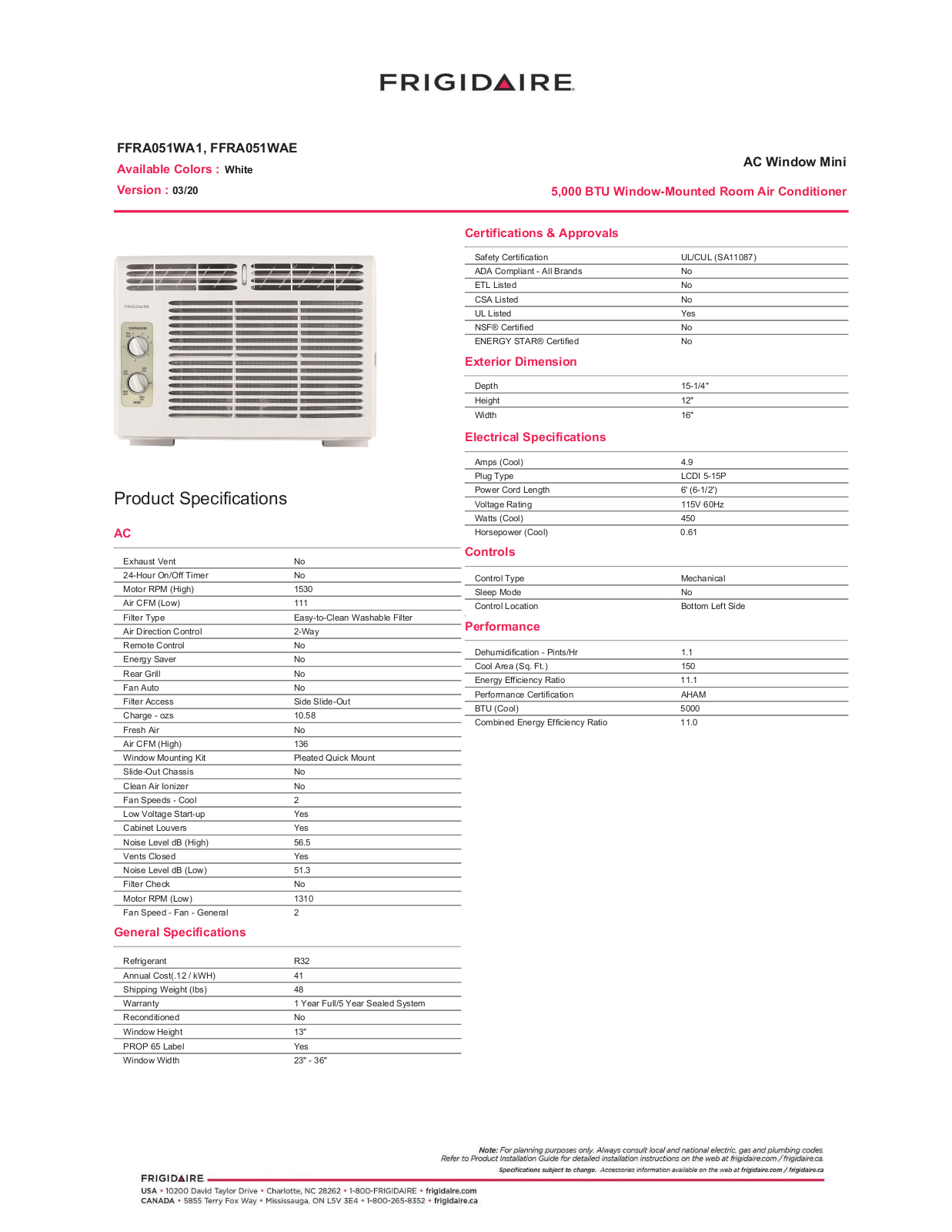 Frigidaire FFRA051WA1, FFRA051WAE Specification Sheet