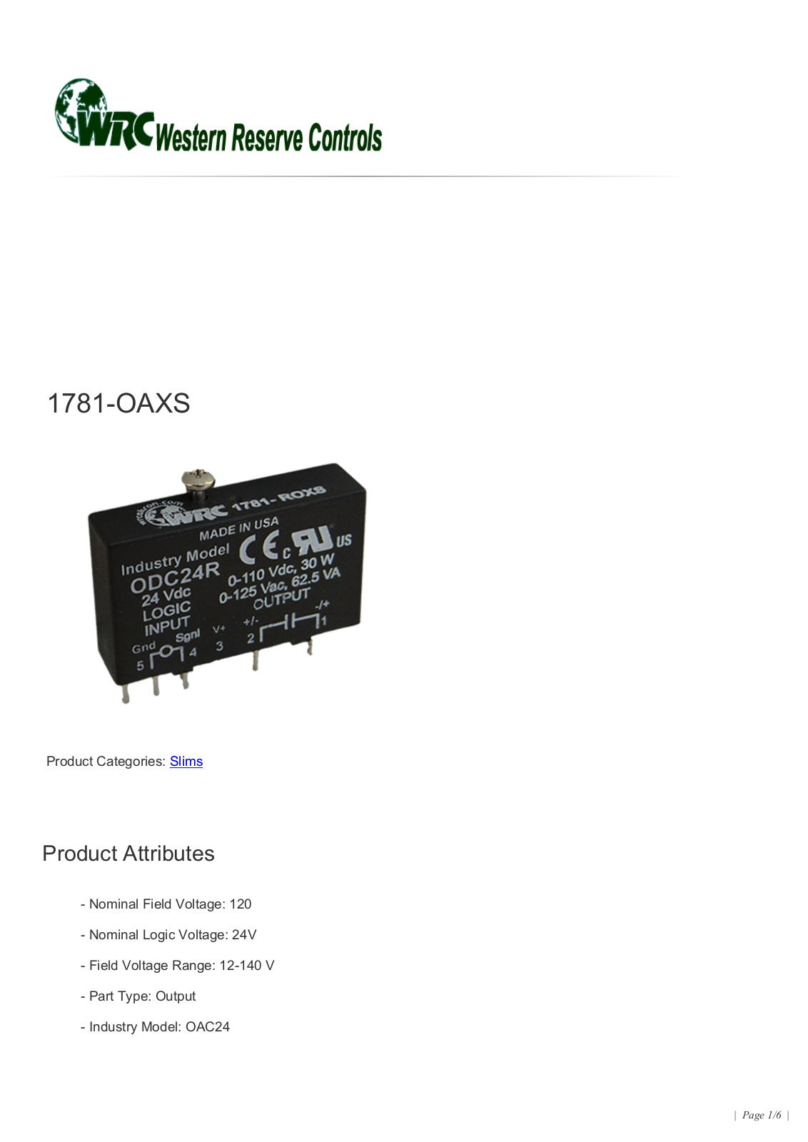 Western Reserve Controls 1781-OAXS Data Sheet