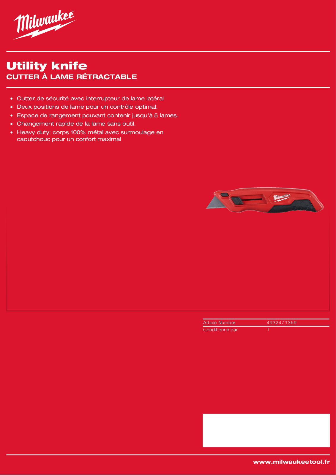 Milwaukee 4932471359, Utility knife Specification - ManualMachine.com