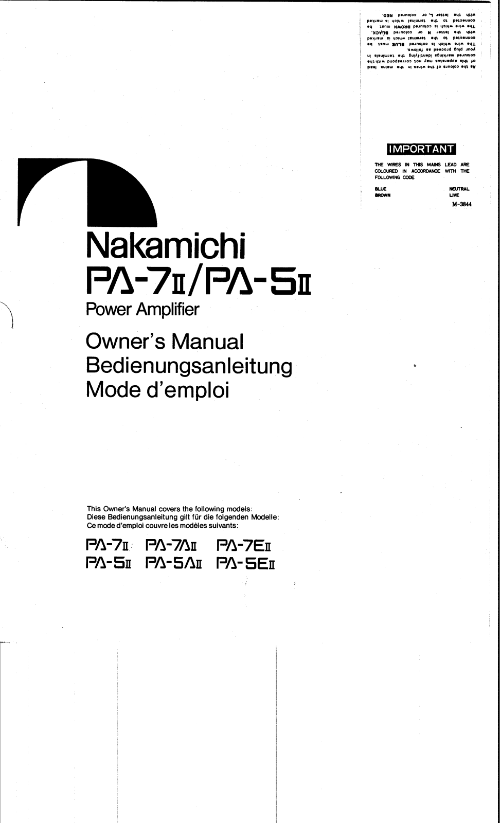 Nakamichi PA-5-A Mk2, PA-5-E Mk2, PA-7-A Mk2, PA-7-E Mk2, PA-7 Mk2 Owners manual