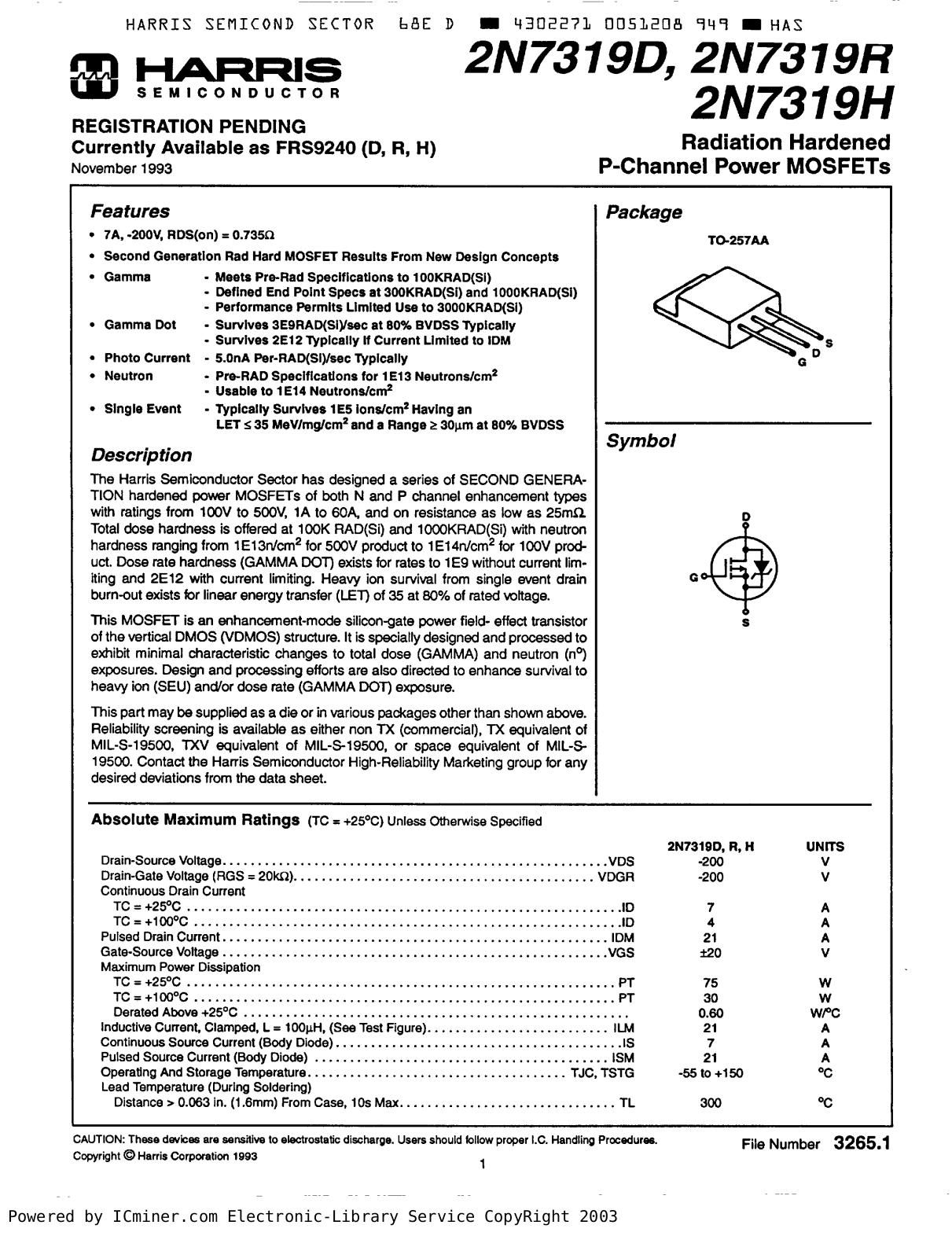 HARRIS Semiconductor 2N7319D, 2N7319R, 2N7319H Service Manual