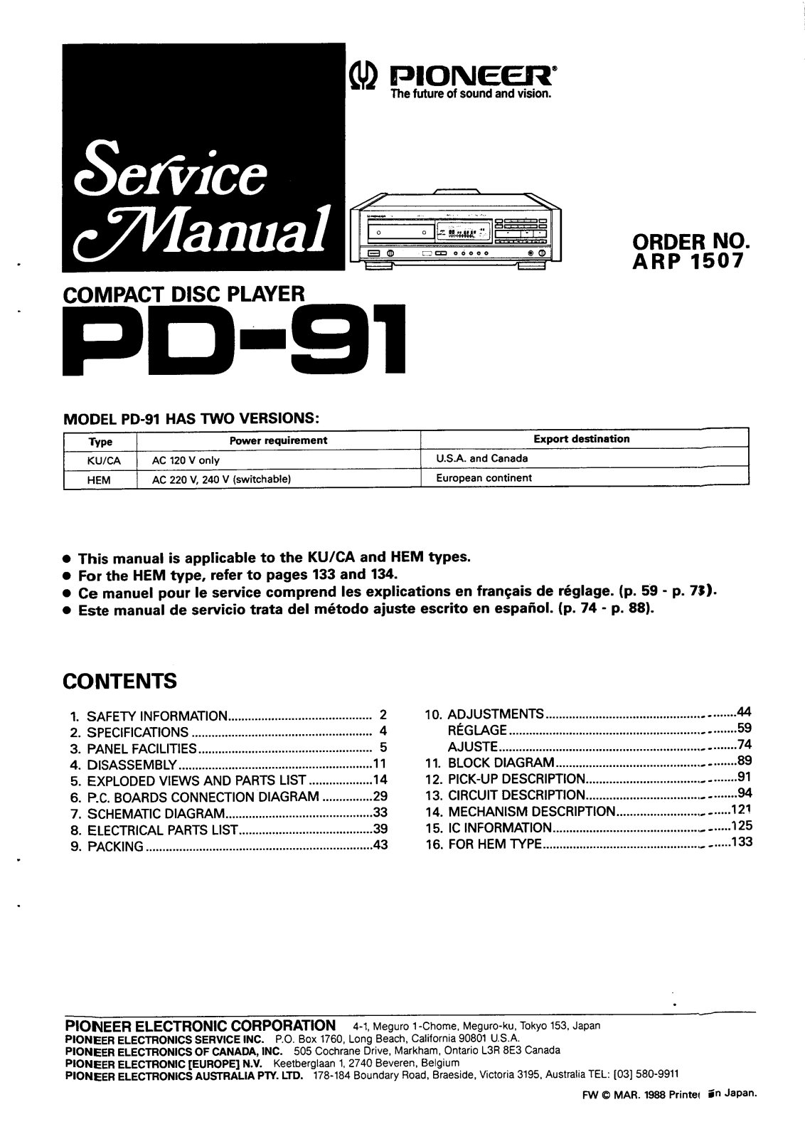 Pioneer PD-91 Service manual