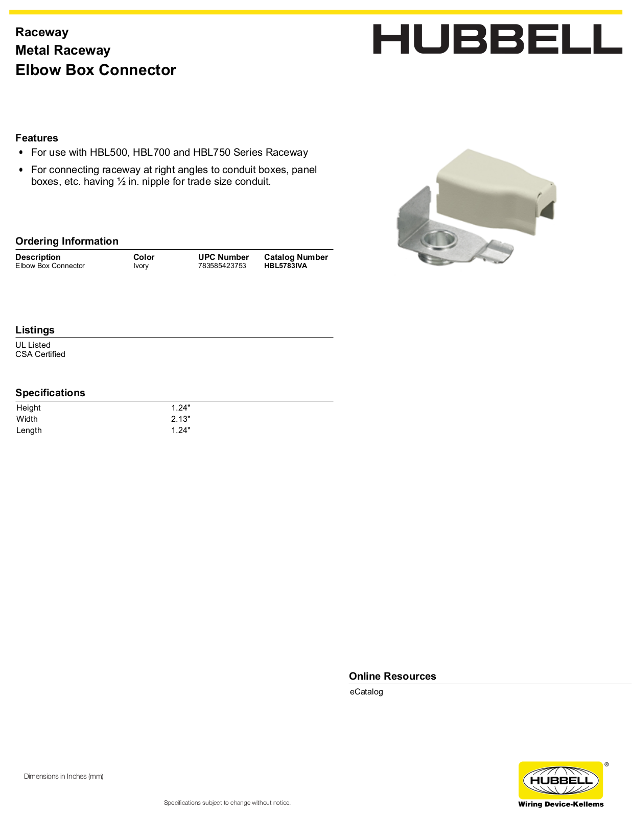 Hubbell HBL5783IVA Specifications