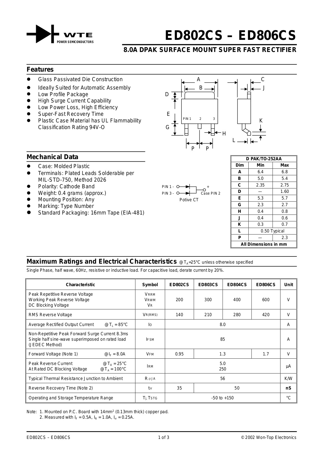 WTE ED802CS-T3, ED806CS-T3, ED804CS-T3, ED803CS-T3 Datasheet