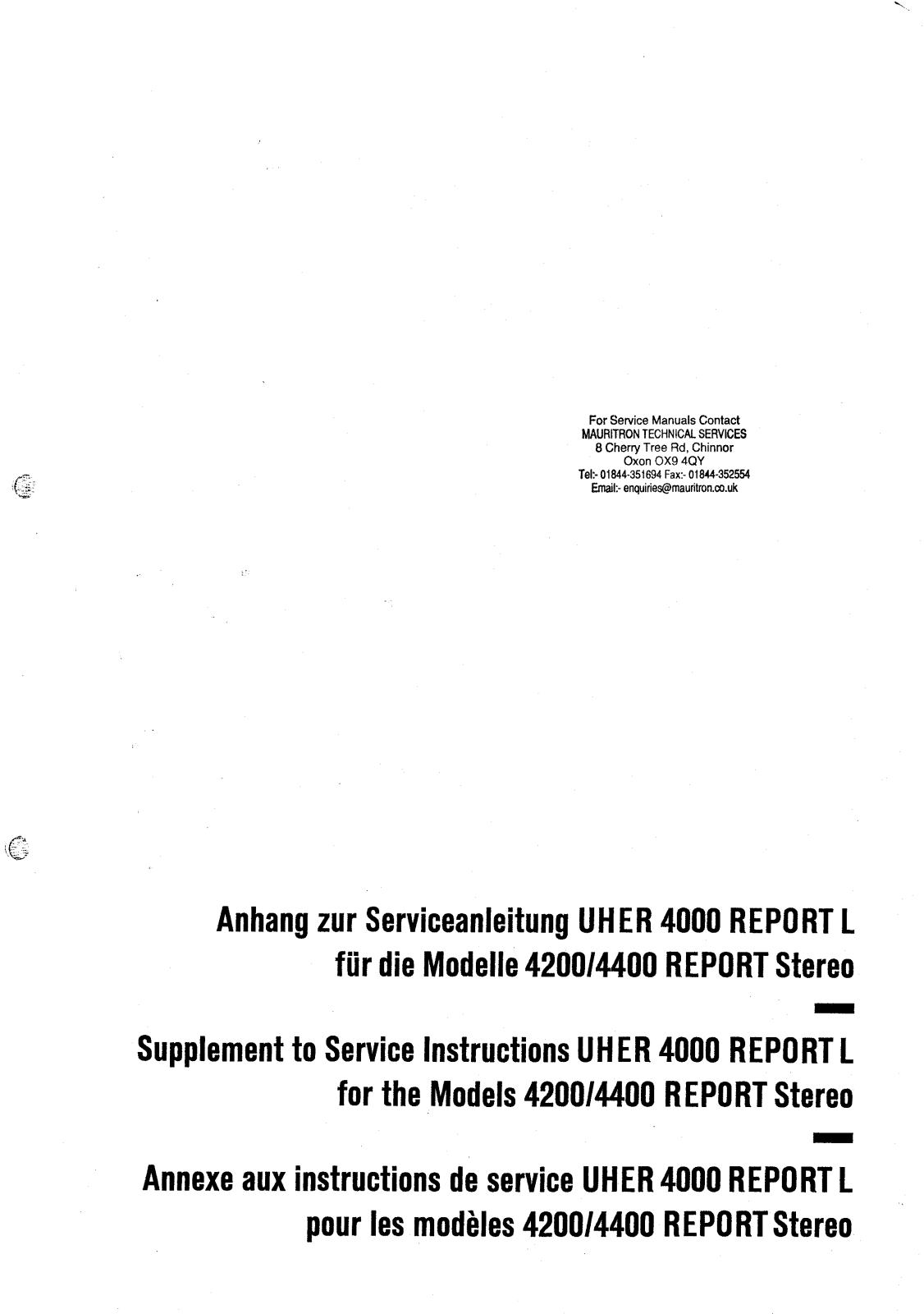 Uher 4200, 4400 Service manual