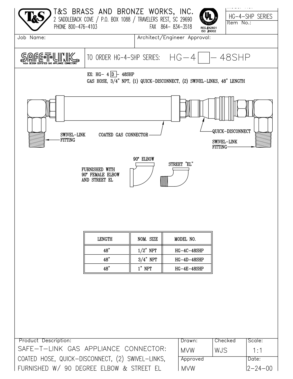 T & S Brass & Bronze Works HG-4C-48SHP General Manual