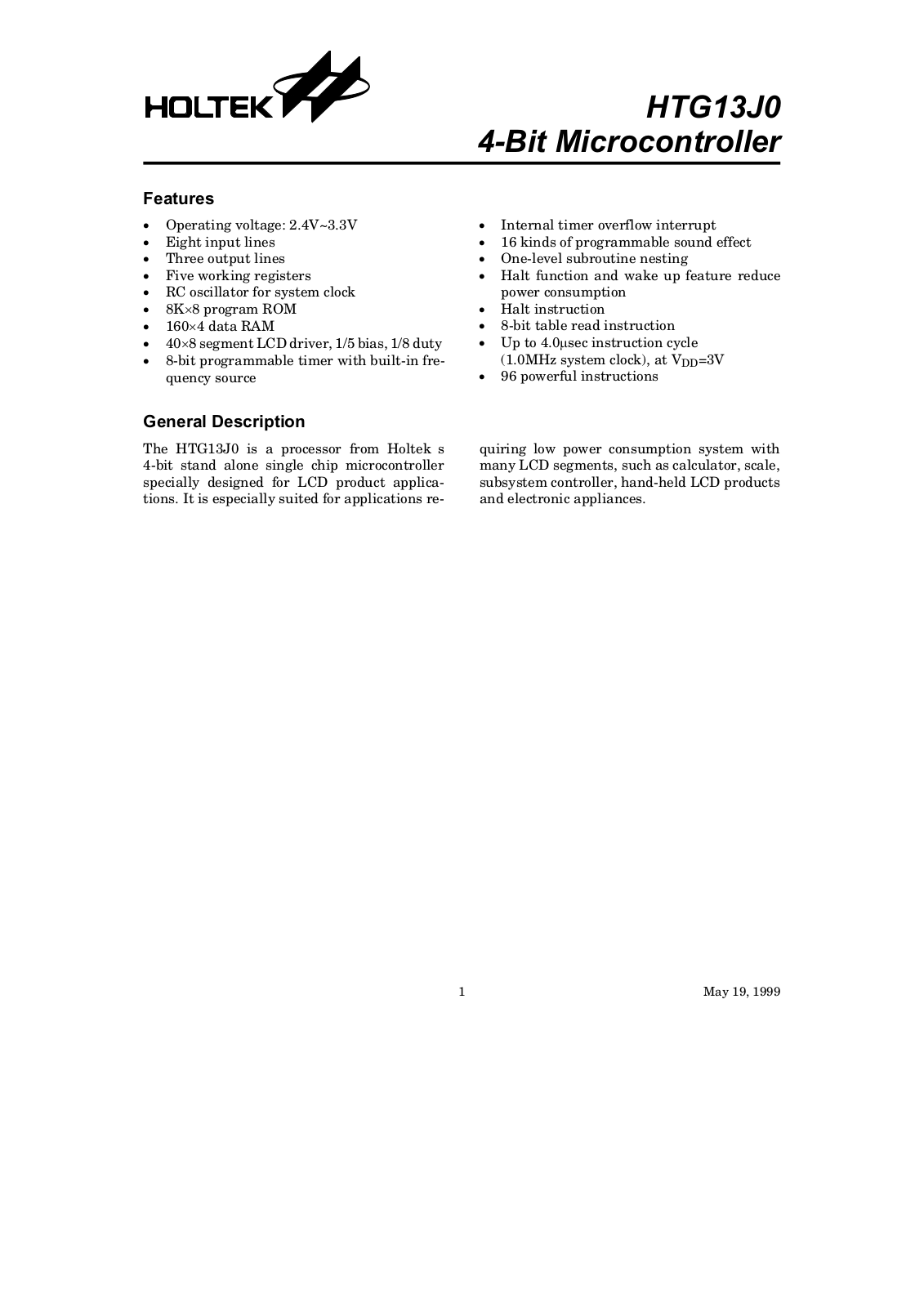 Holtek Semiconductor Inc HTG13J0 Datasheet