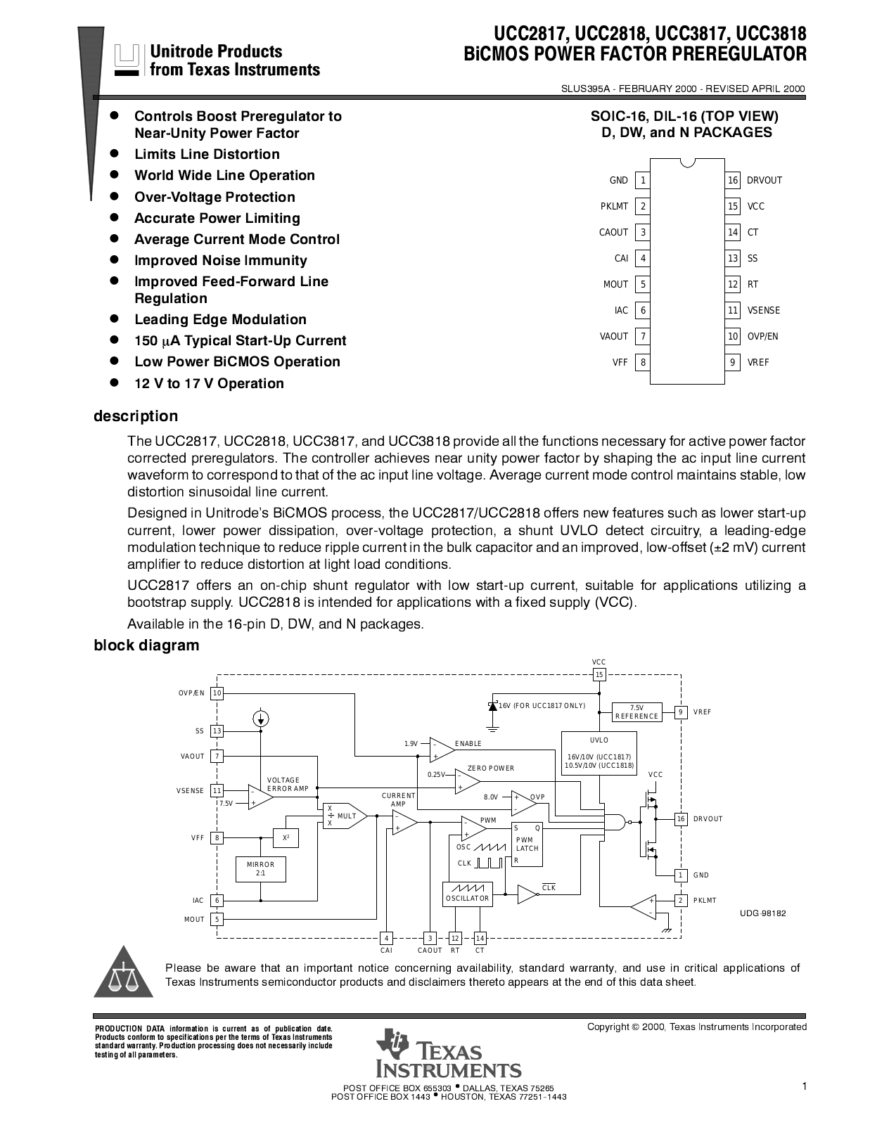 Texas Instruments UCC3818N, UCC3818DTR, UCC3818D, UCC3817N, UCC3817DTR Datasheet