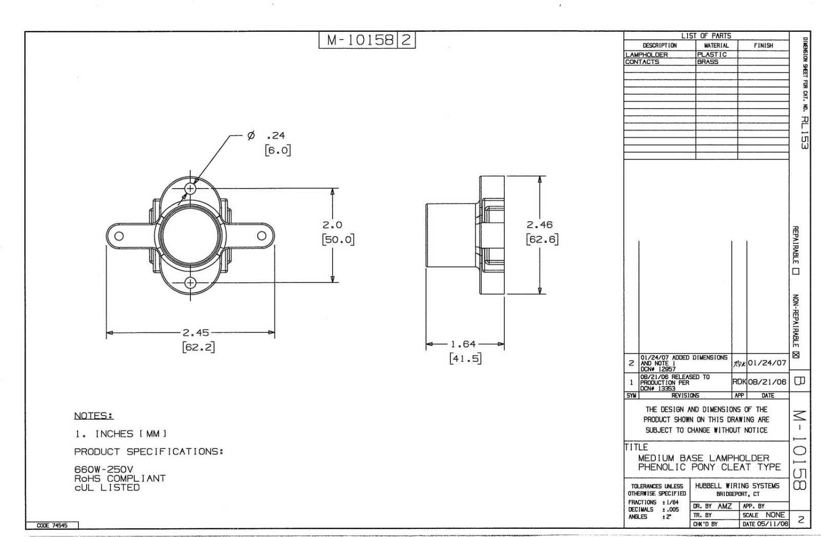 Hubbell RL153 Reference Drawing