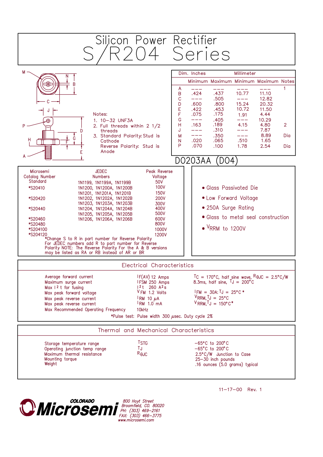 Microsemi Corporation 1N1205A, 1N1202AR, 1N1205B, 1N1203, 1N1199RB Datasheet