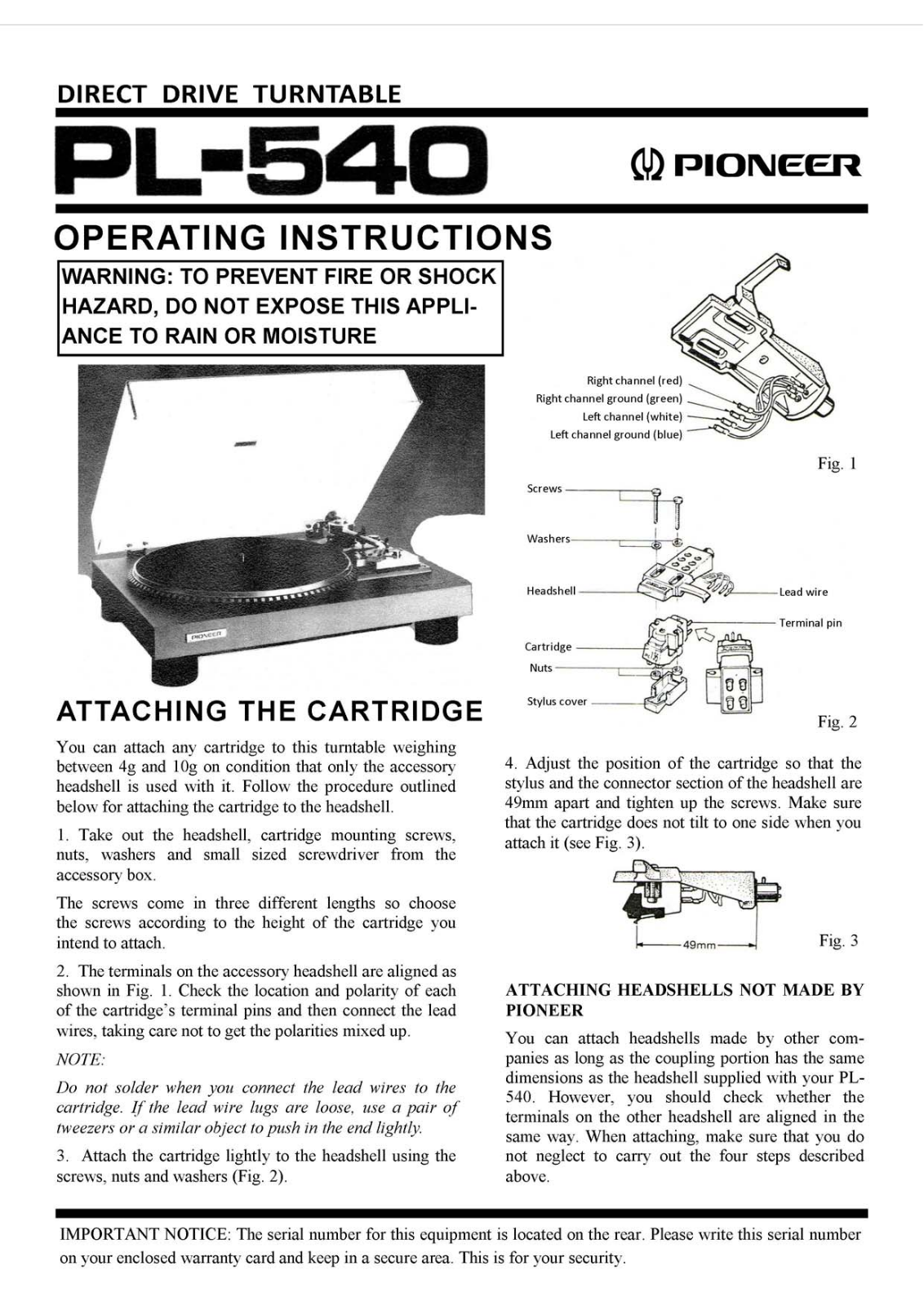 Pioneer PL-540 Owners Manual