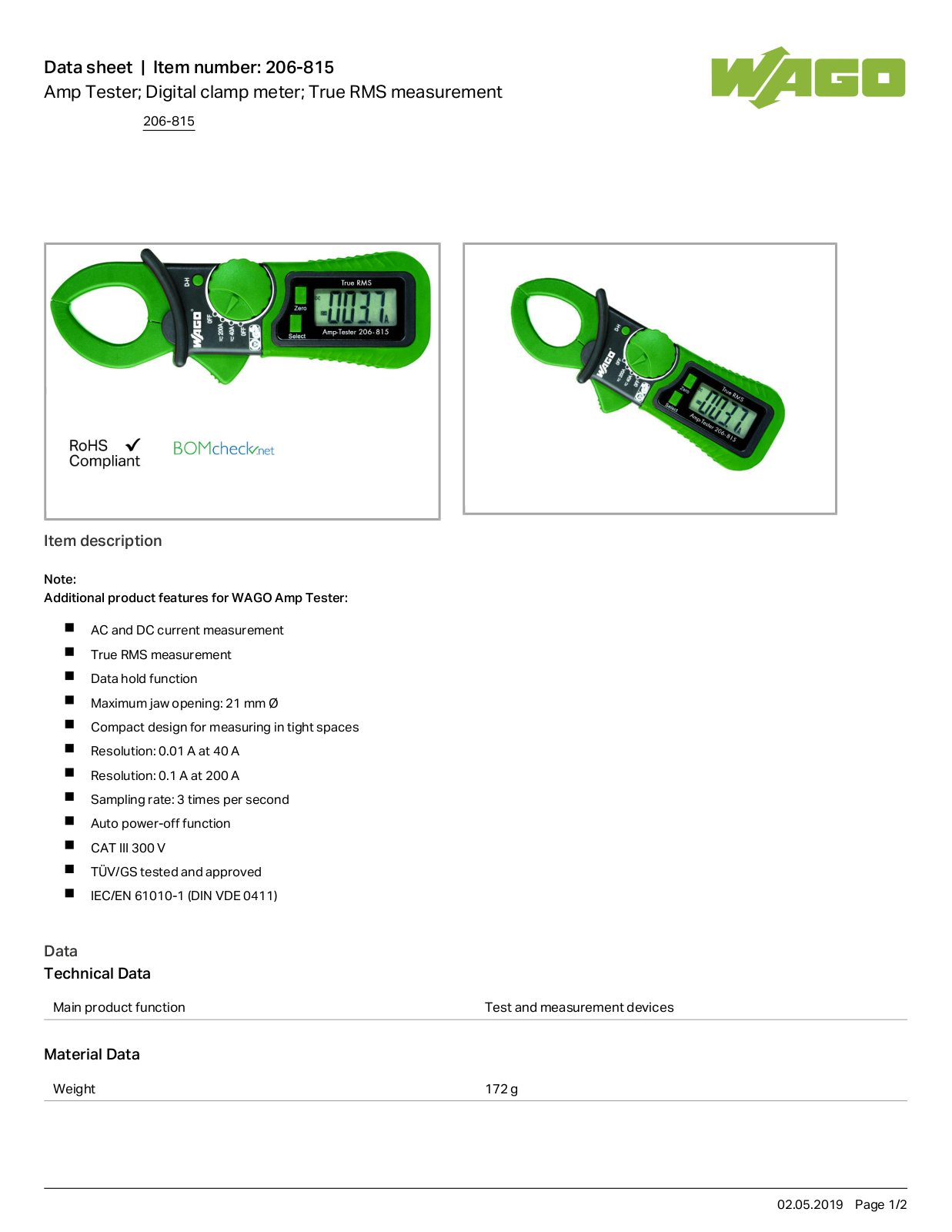 Wago 206-815 Data Sheet