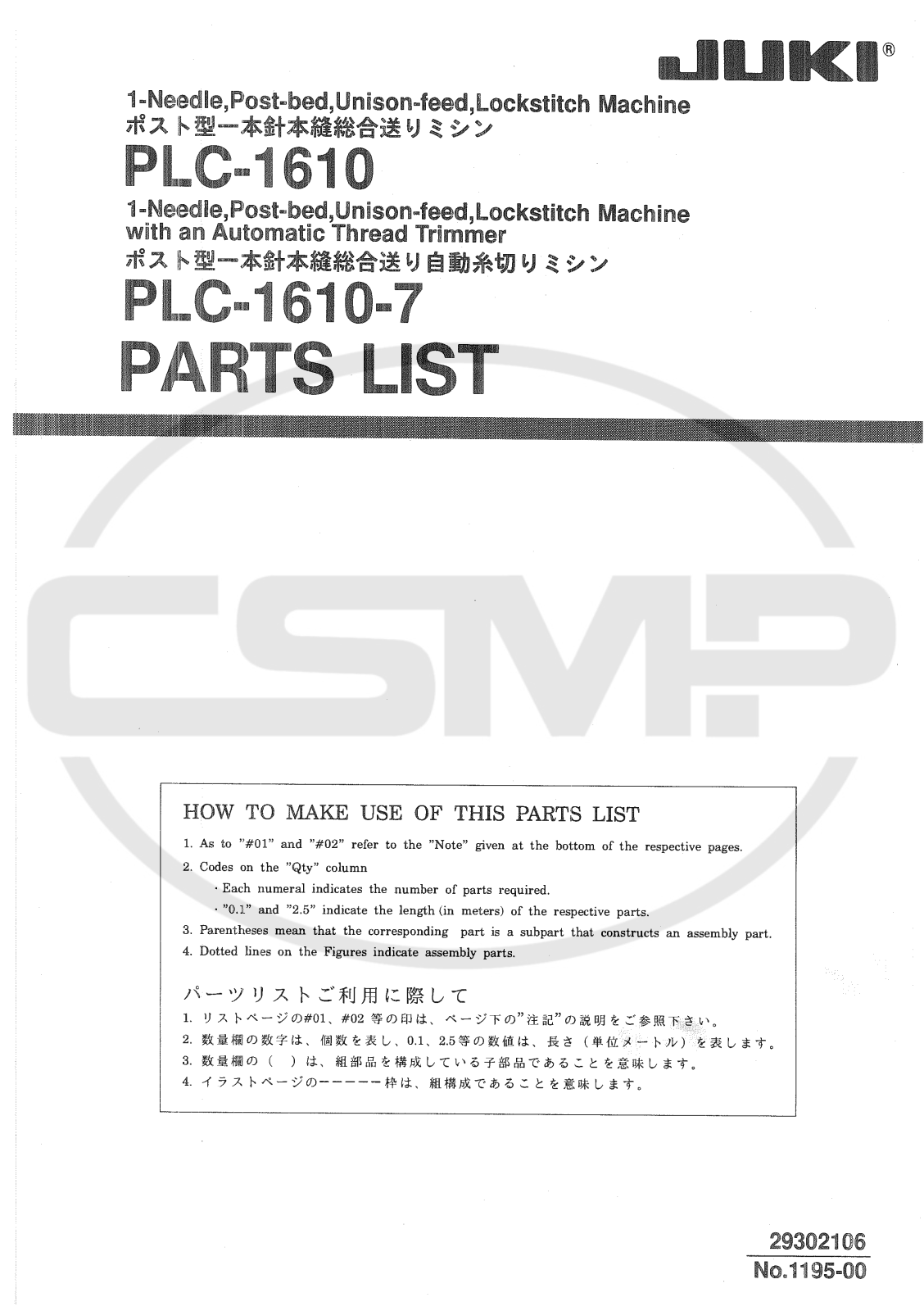 Juki PLC1610, PLC1610-7 Parts Book