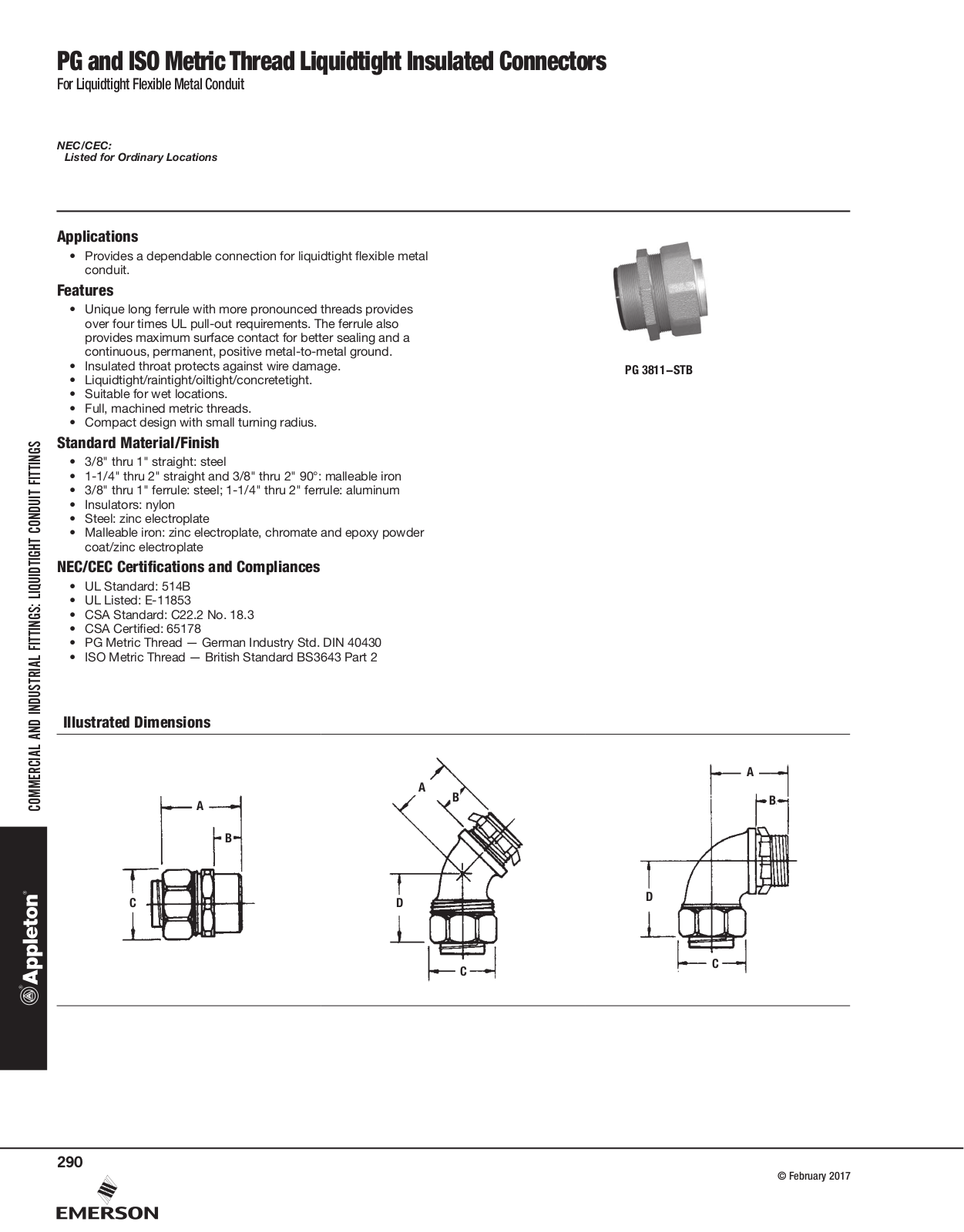 Appleton PG and ISO Metric Thread Liquidtight Insulated Connectors Catalog Page