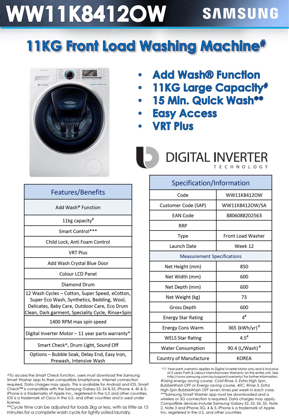 Samsung WW11K8412OW Specifications Sheet