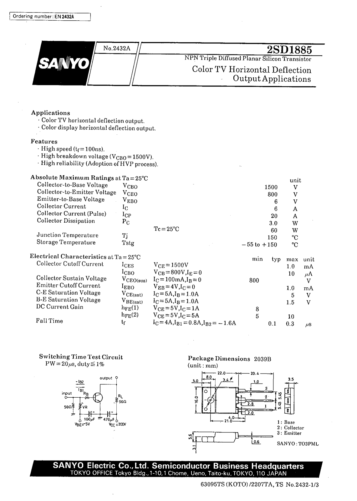 SANYO 2SD1885 Datasheet