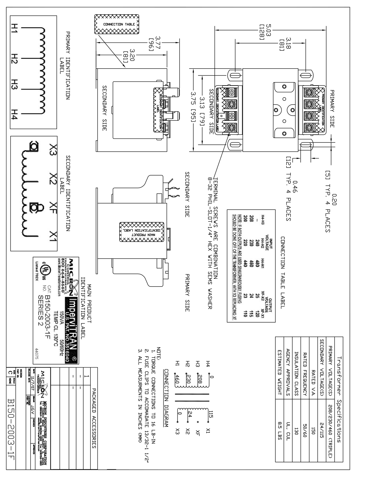 Micron Industries B150-2003-1F Specification Sheet