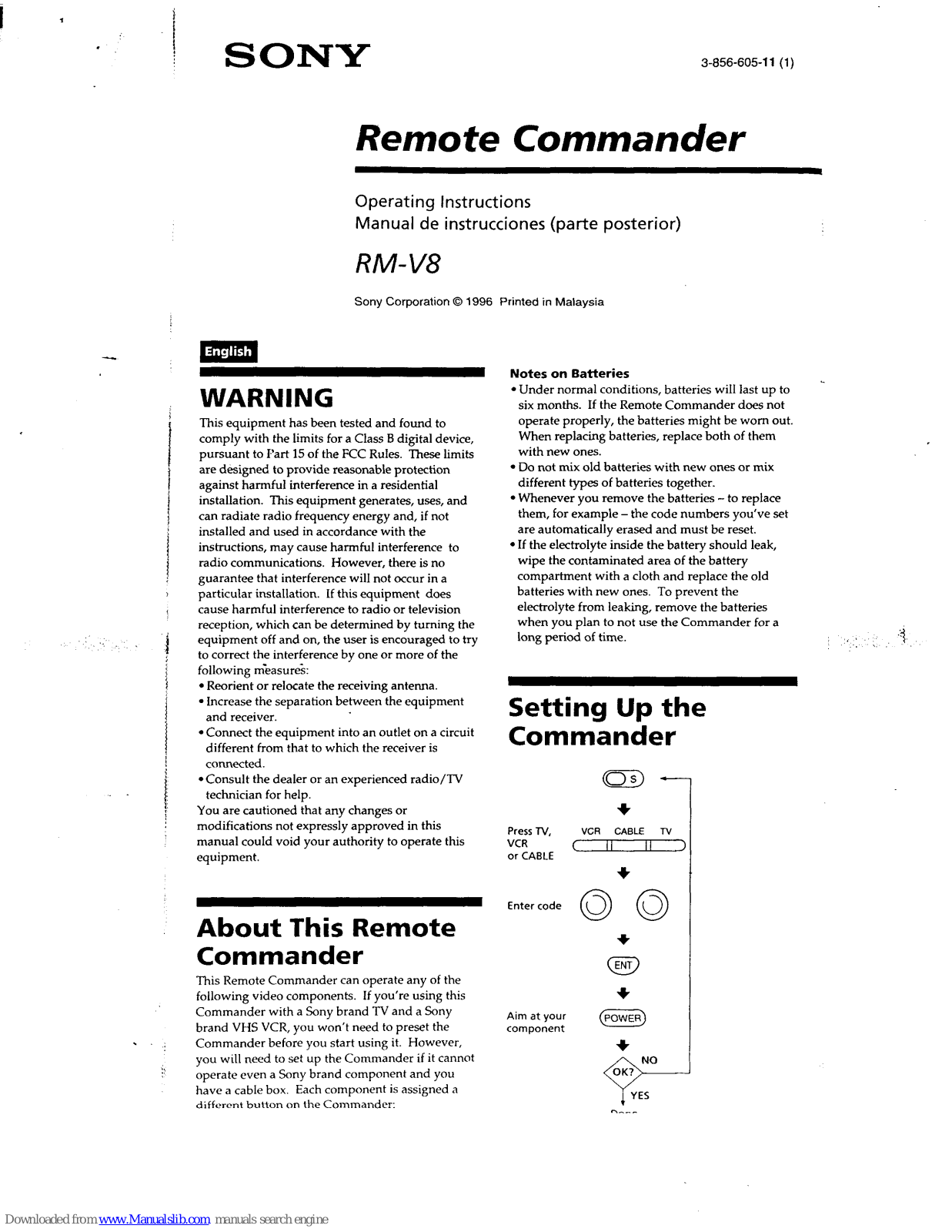 Sony Remote Commander RM-V8 Operating Instructions Manual