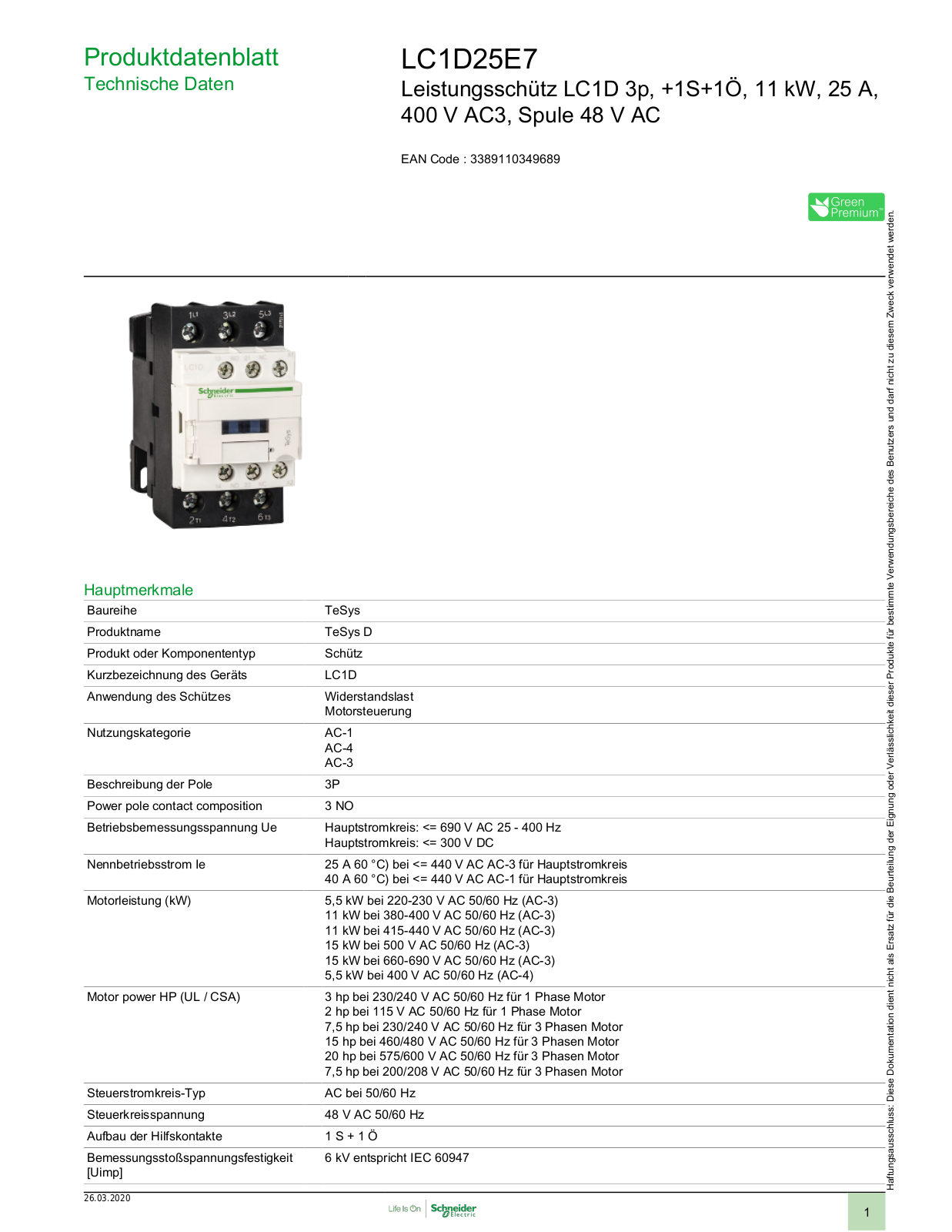 Schneider Electric LC1D25E7 Technische Daten