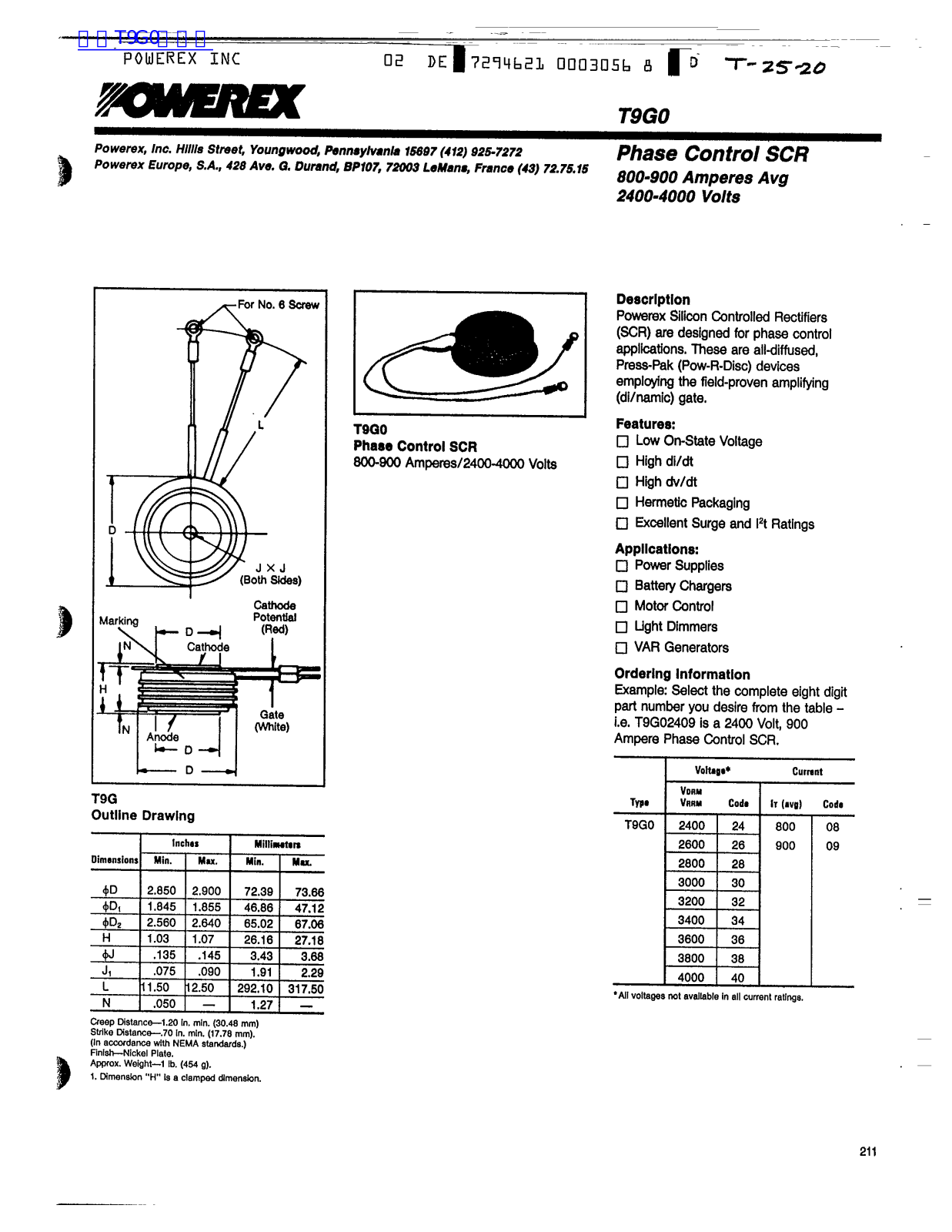 POWEREX T9G0 Technical data