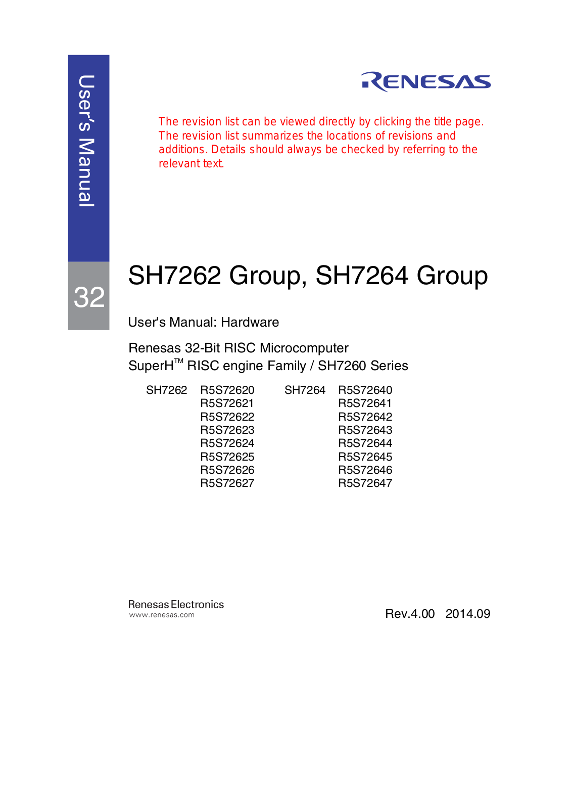 Renesas R5S72627, R5S72644, R5S72621, SH7264, SH7262 User Manual