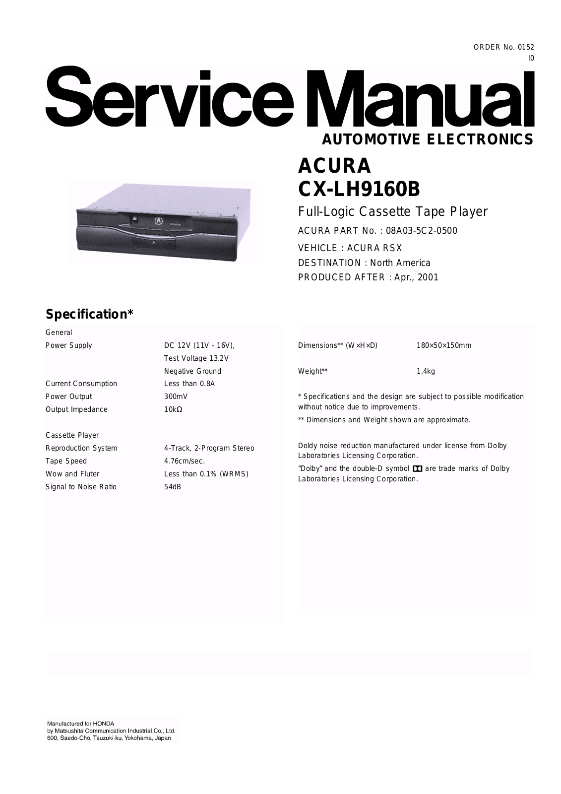 Honda 08A03-5C2-0500, CX-LH9160B Service Manual