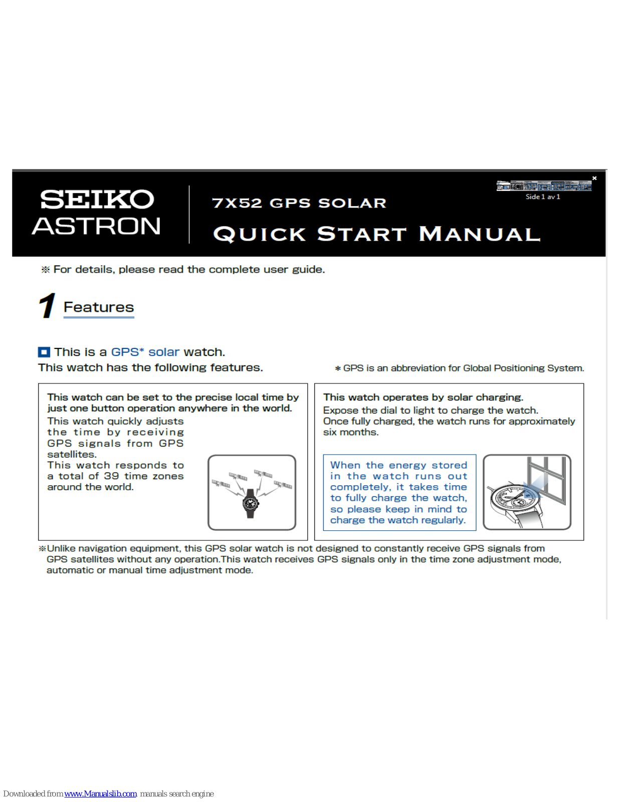 Seiko Astron 7X52 GPS Solar Quick Start Manual