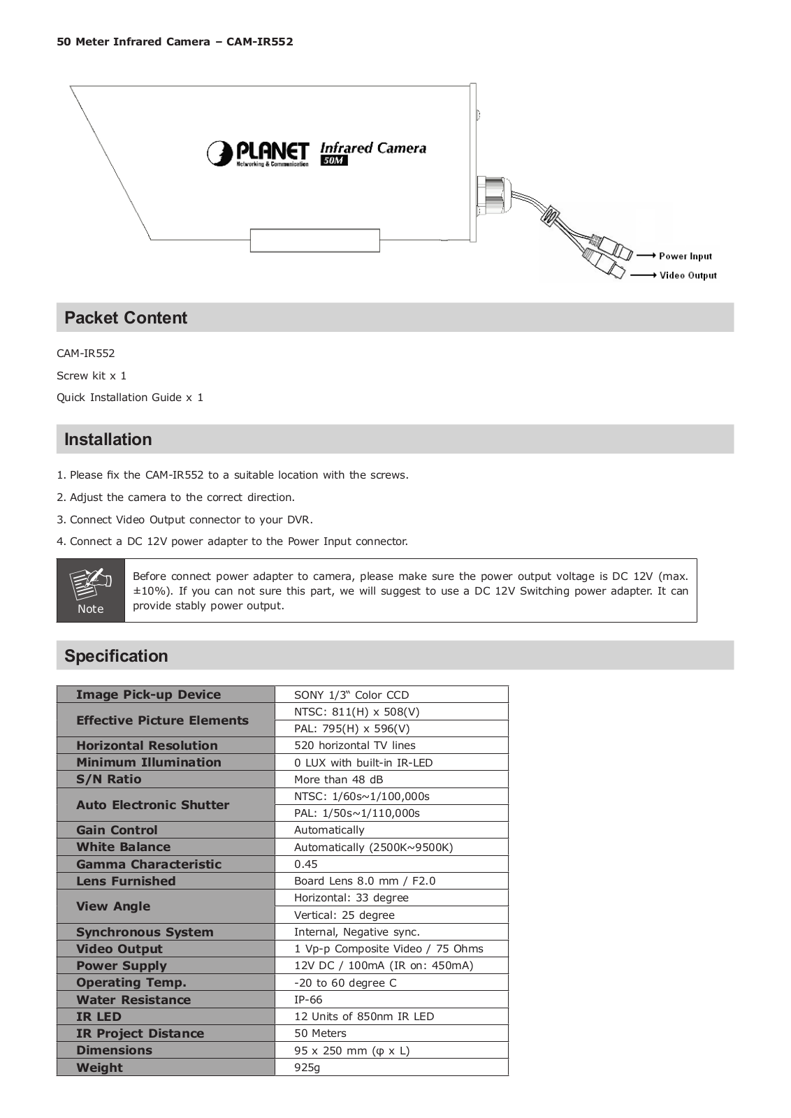 Planet CAM-IR552 Quick Installation Manual