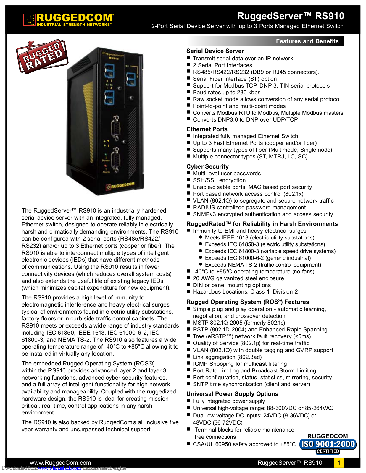 RuggedCom RuggedServer RS910 Specifications