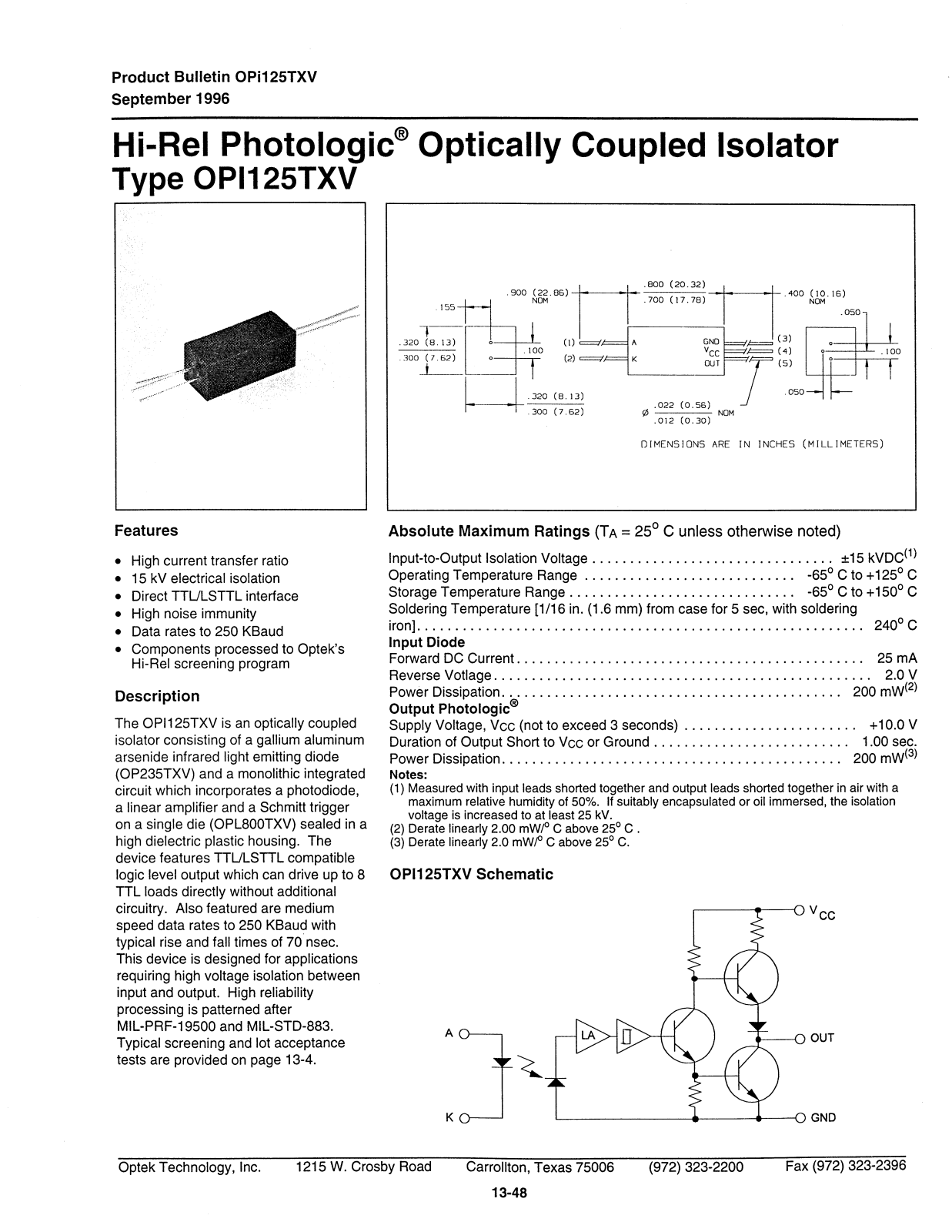 OPTEK OPI125TXV Datasheet