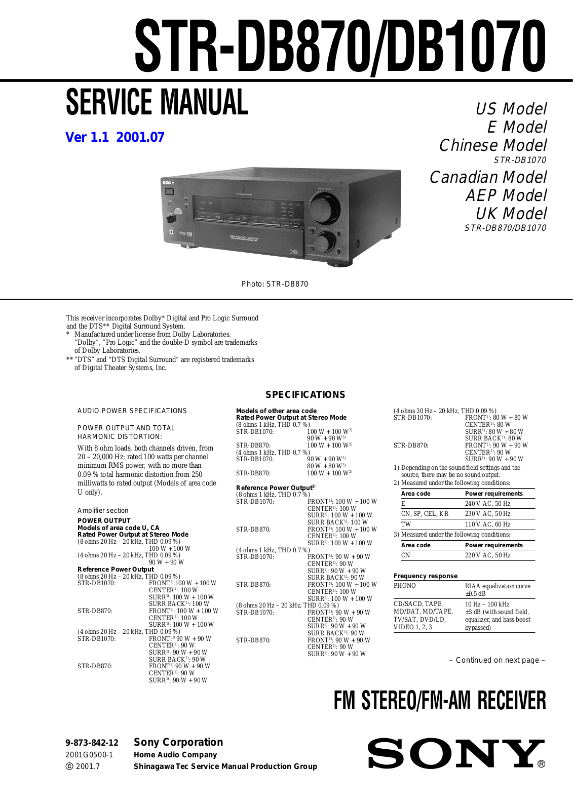Sony STR-DB870, STR-DB1070 Service manual