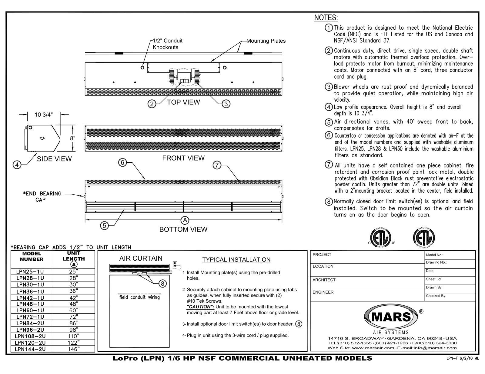 Mars Air LPN84-1U, LPN120-2U User Manual