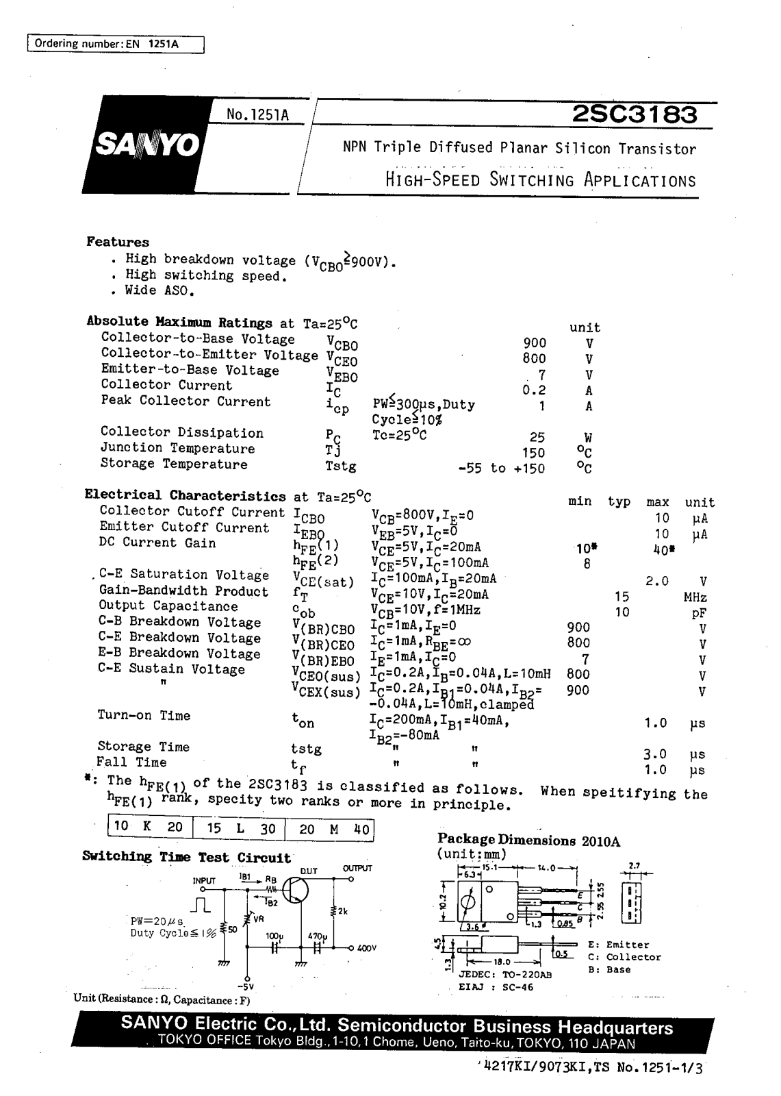 SANYO 2SC3183 Datasheet