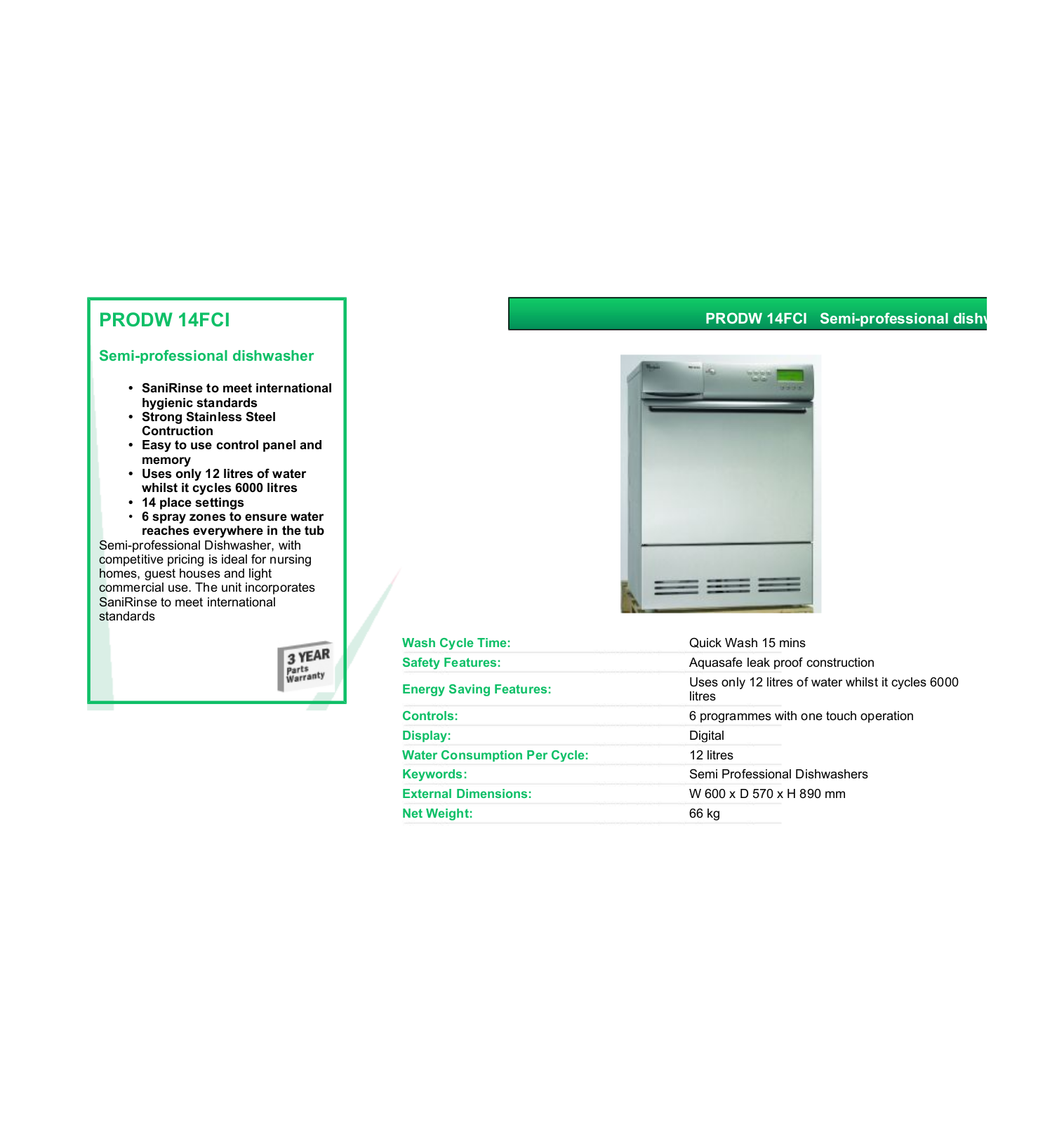 Valera PRODW 14FCI DATASHEET