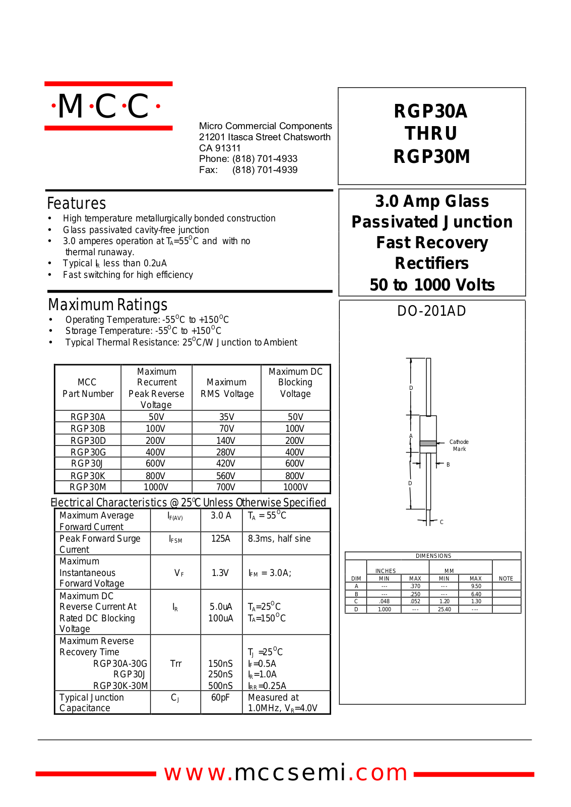 MCC RGP30K, RGP30M, RGP30B, RGP30D, RGP30G Datasheet