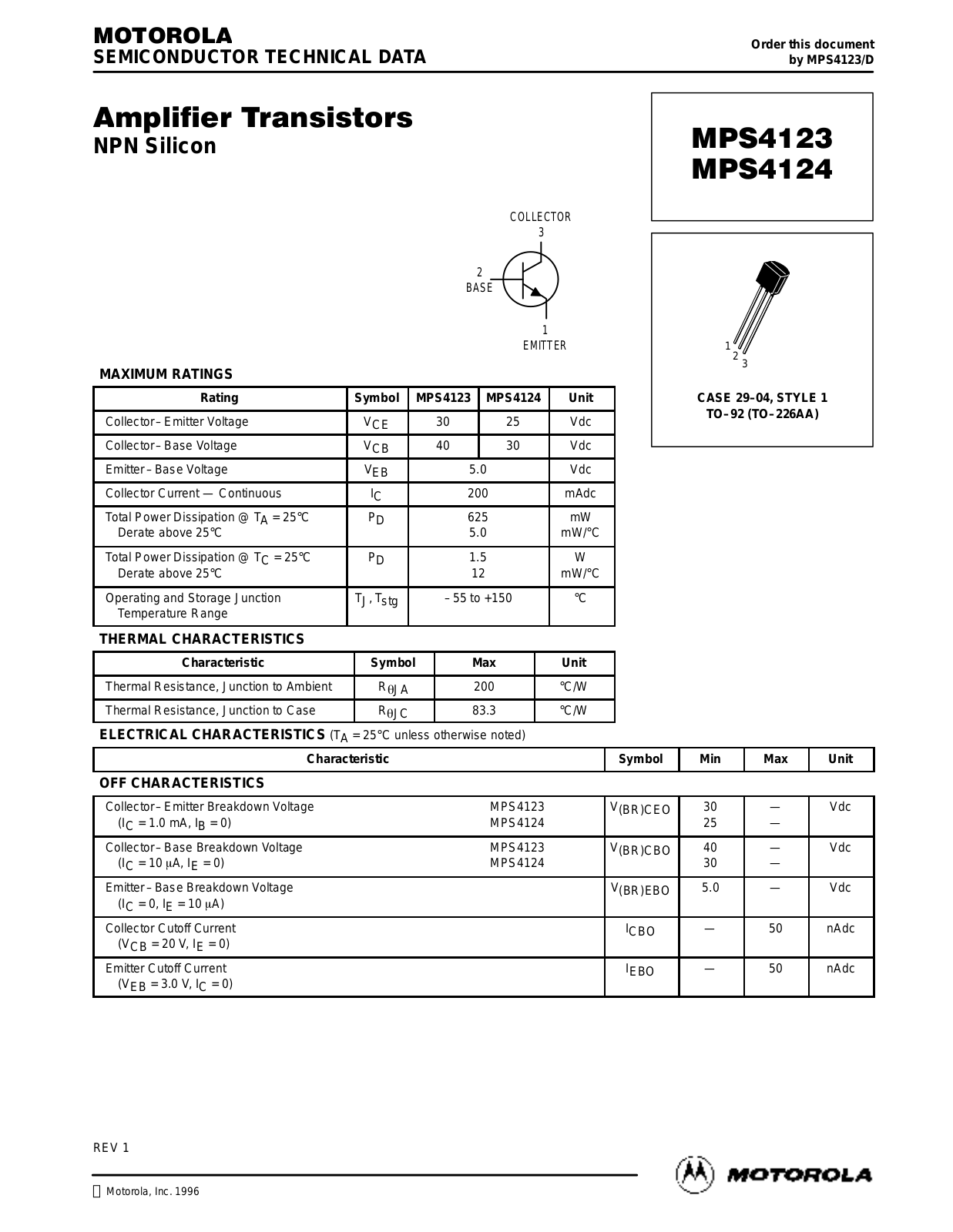 Motorola MPS4123 Datasheet