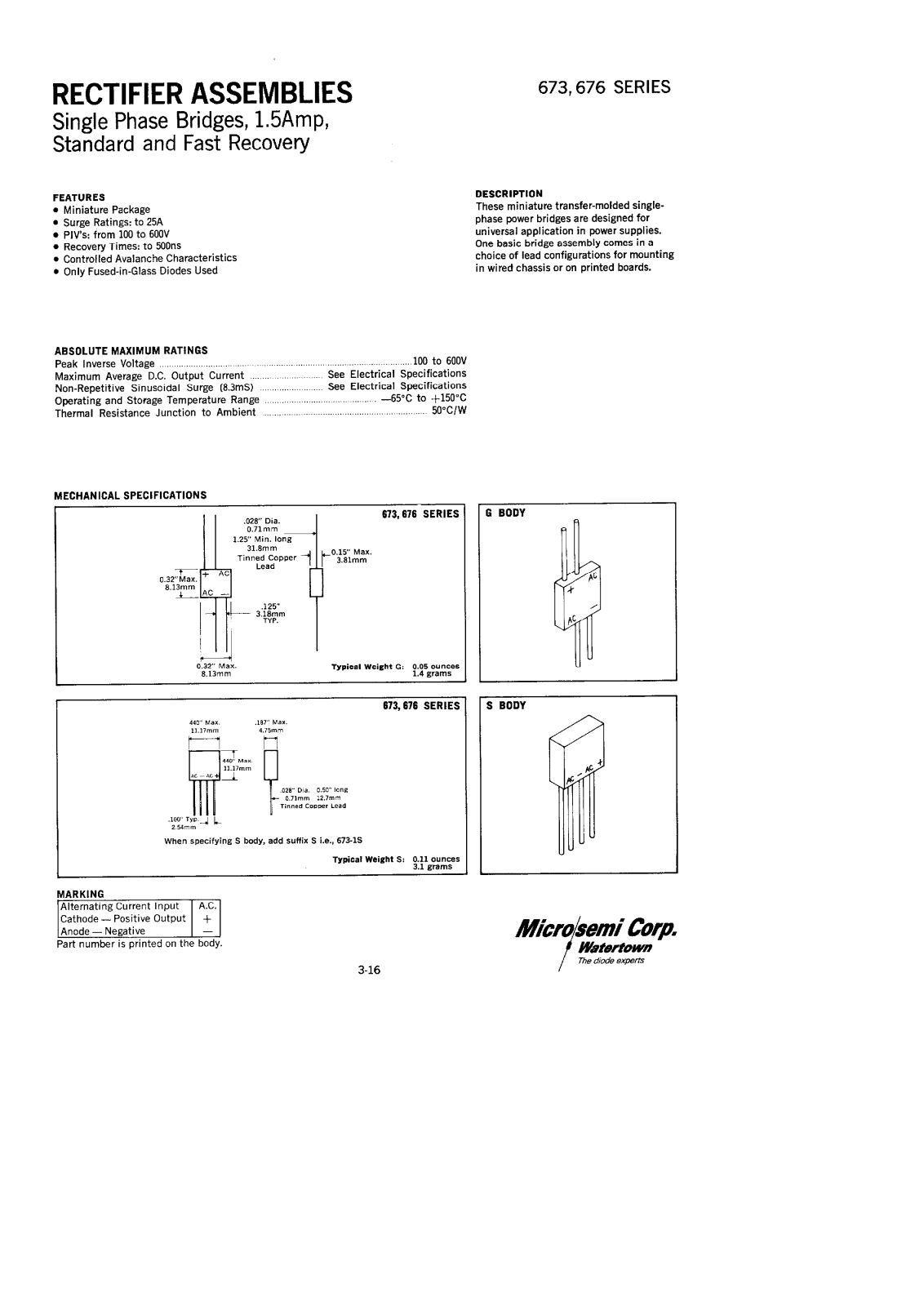 Microsemi Corporation 676-2S, 676-2G, 676-1S, 676-1G, 673-6S Datasheet