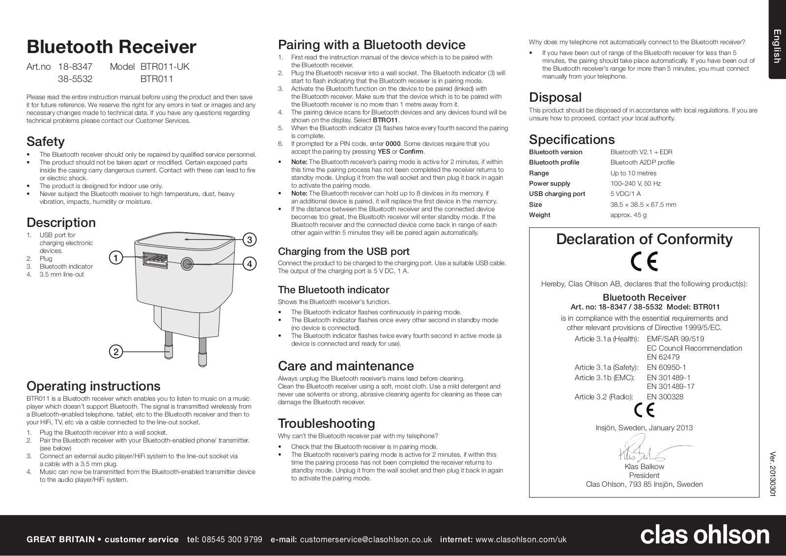 Clas Ohlson BTR011-UK, BTR011 Instruction Manual