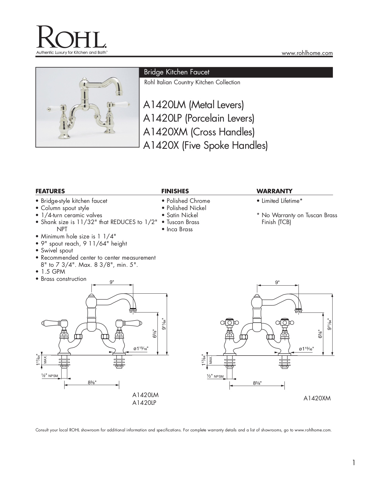 Rohl A1420LMTCB2, A1420LPTCB2, A1420XTCB2, A1420XMTCB2 Specifications - ManualMachine.com