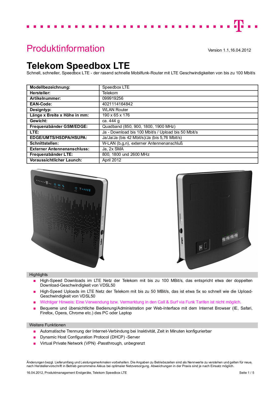 Telekom Speedbox LTE User Manual