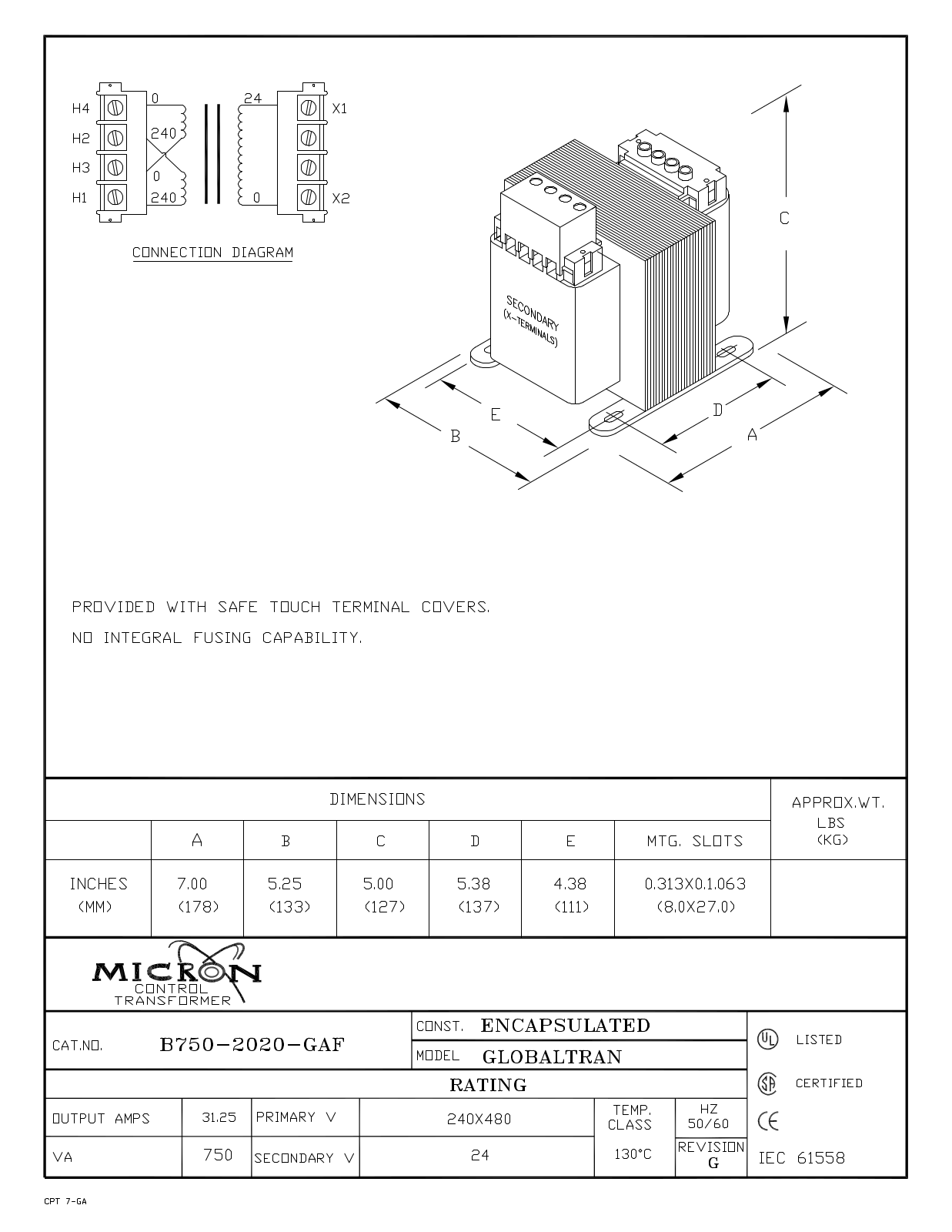 Micron Industries B750-2020-GAF Specification Sheet