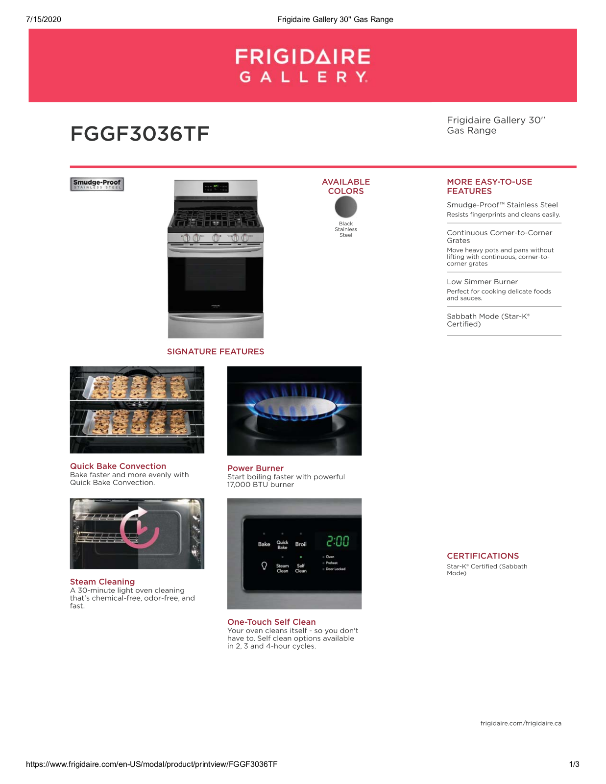Frigidaire FGGF3036TF Specifications