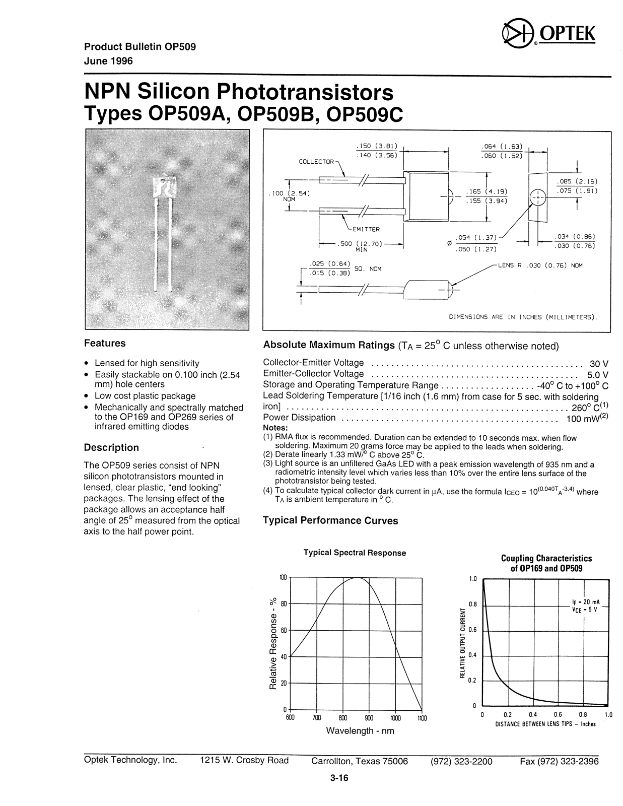 OPTEK OP509C, OP509B, OP509A Datasheet