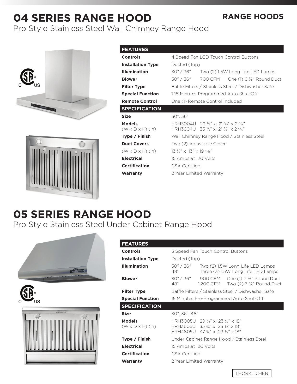 Thor Kitchen 04 SERIES RANGE HOOD Catalog