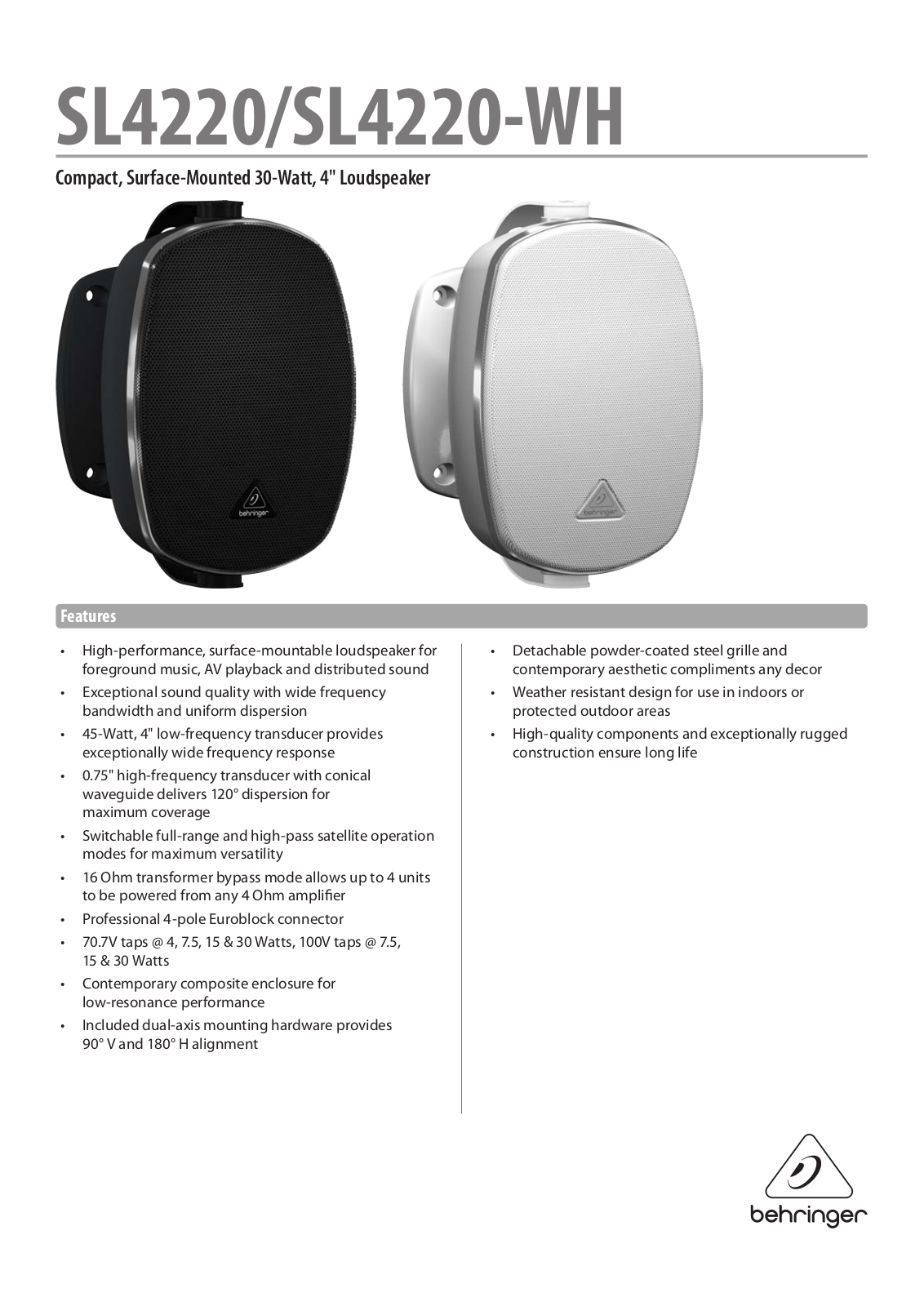 Behringer SL4220, SL4220-WH Specification Sheet