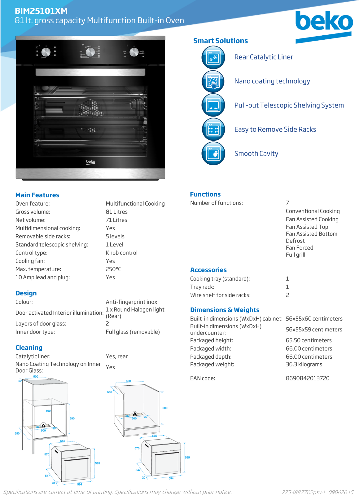 Beko BIM25101XM Specifications Sheet