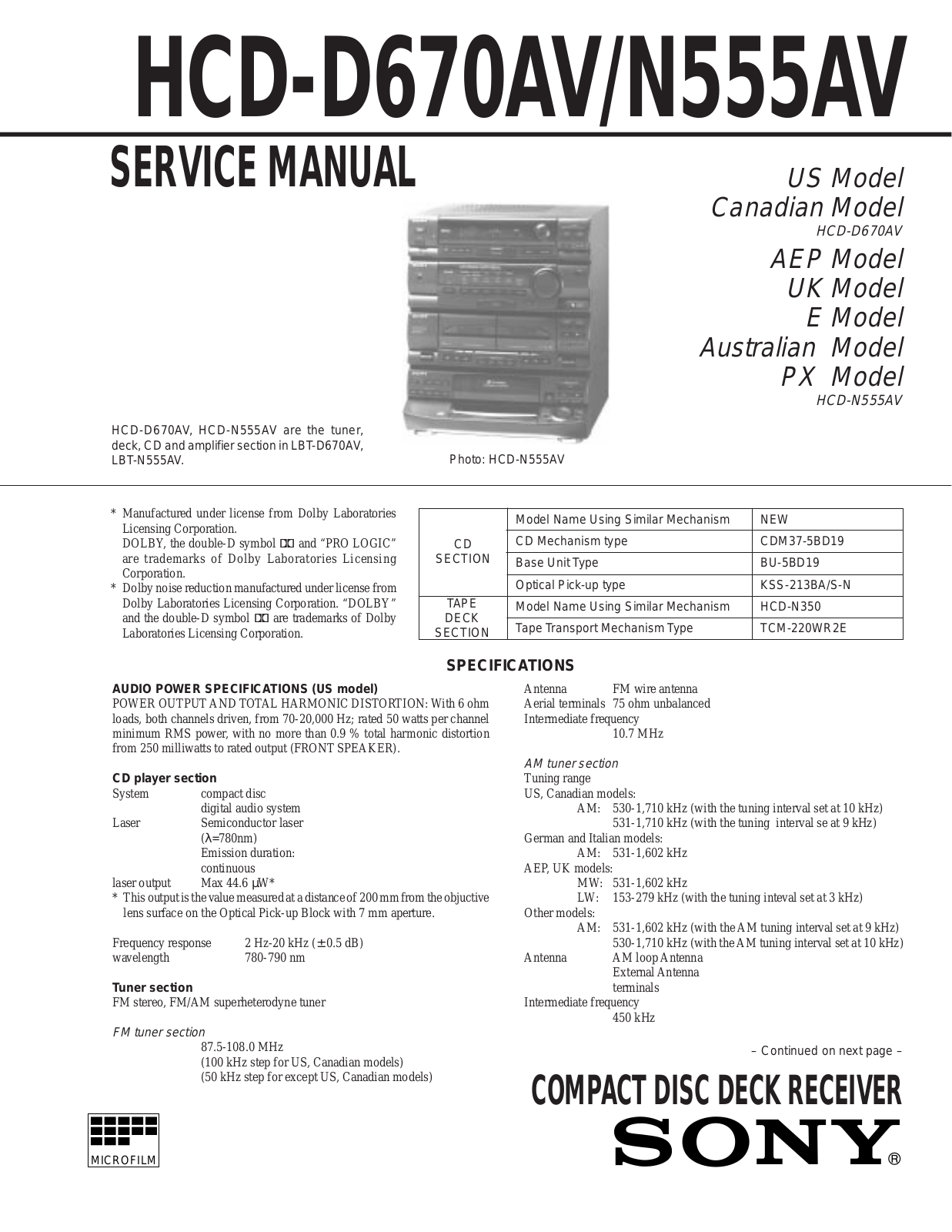 sony HCD-D670AV, HCD-N555AV Service Manual