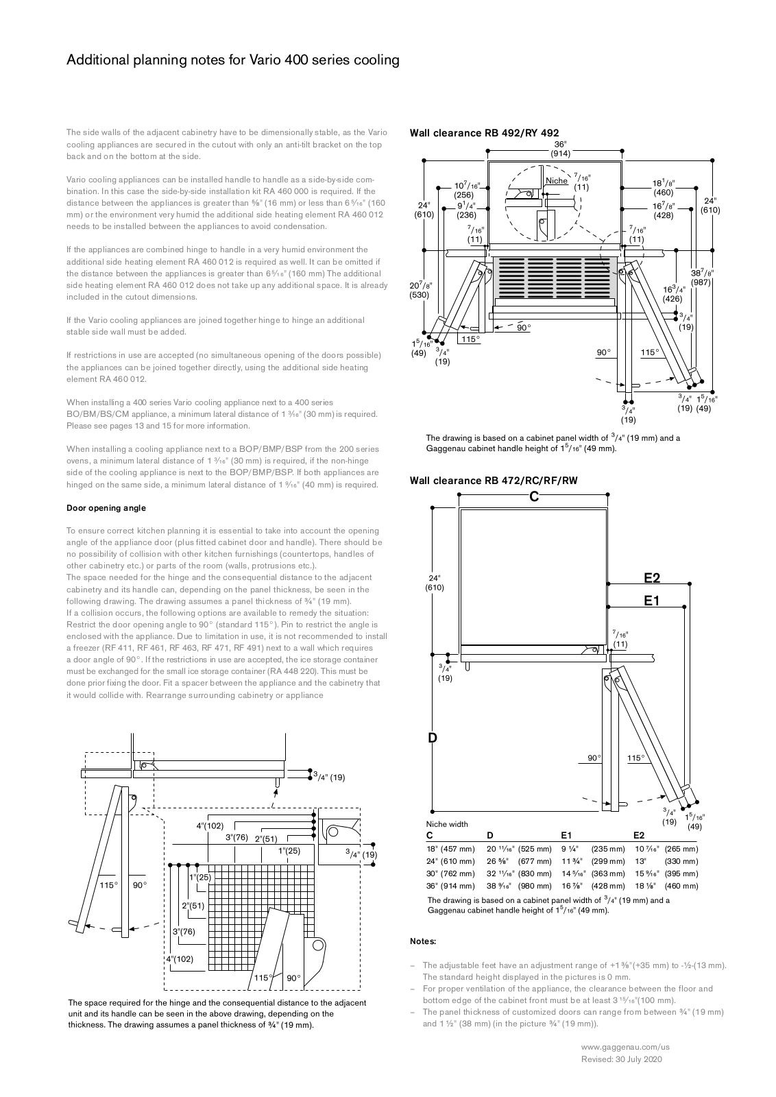 Gaggenau RC462704, RC472704, RC492704, RF411704, RF461704 Additional Planning Notes